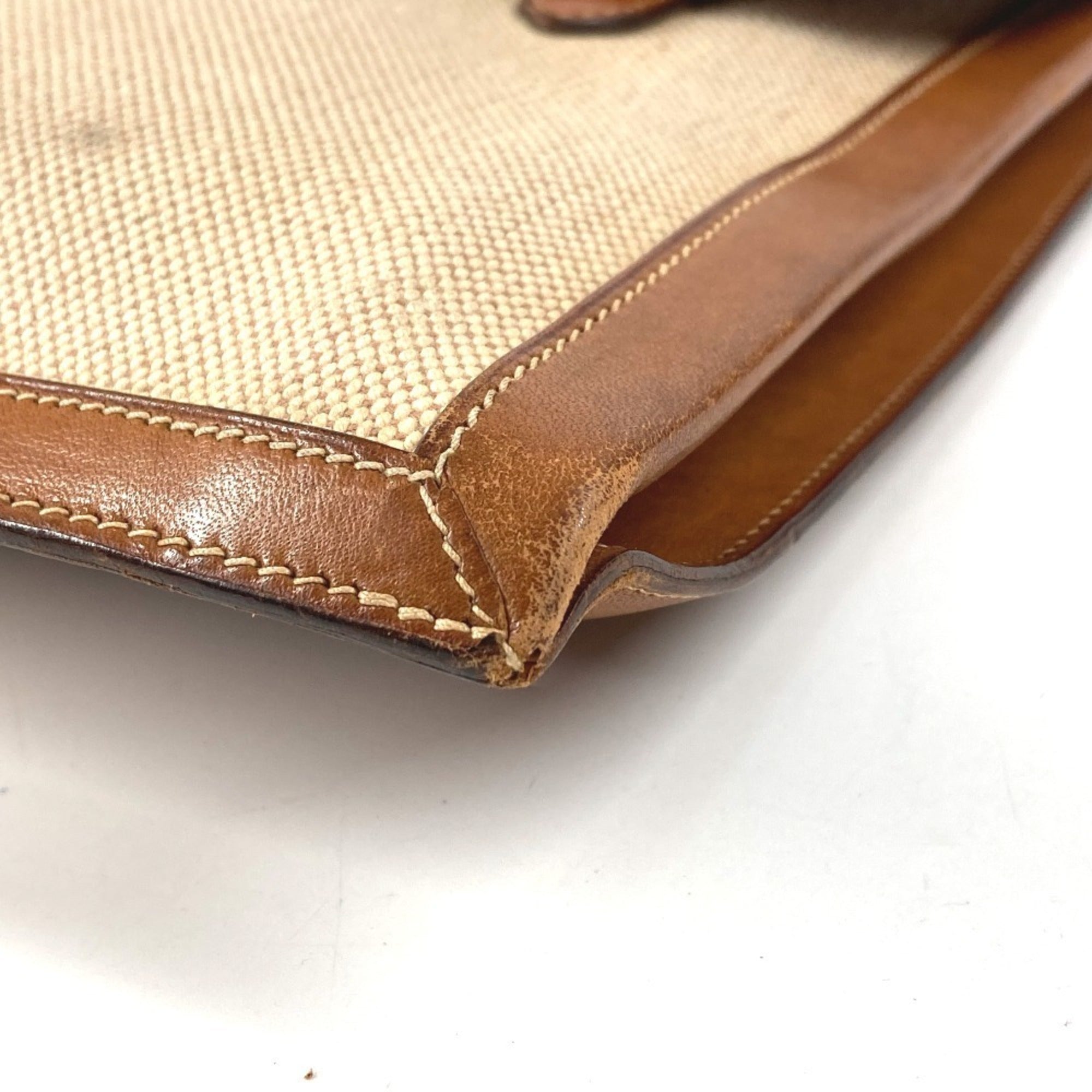 Hermes Beige Brown Leather Canvas Handbag Shoulder Bag (Pre-Owned)