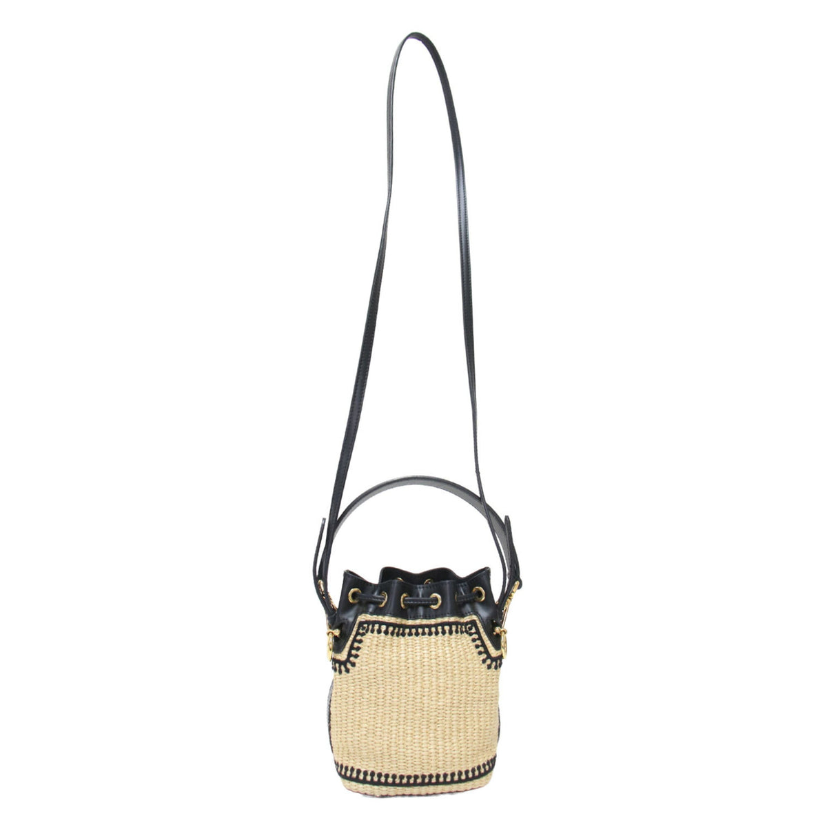 Fendi Beige Black Straw Leather Handbag Shoulder Bag (Pre-Owned)