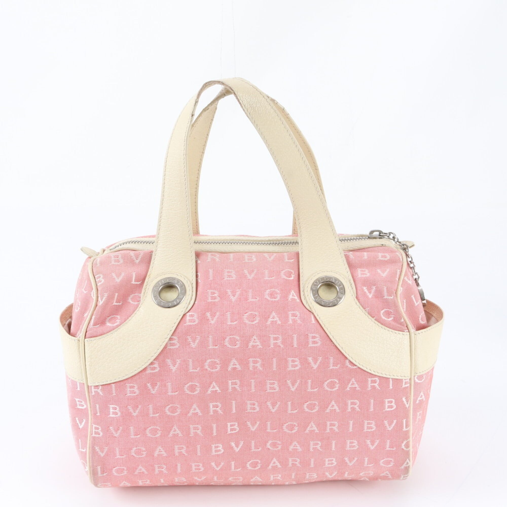 Bvlgari Logomania Beige Pink Canvas Leather Handbag (Pre-Owned)