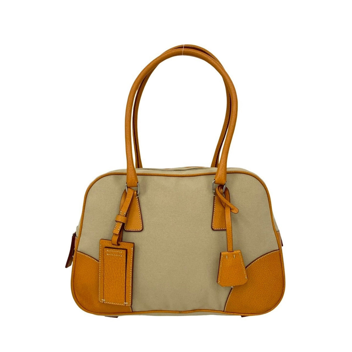 Prada Beige Leather Canvas Boston Bag Shoulder Bag Tote Bag (Pre-Owned)