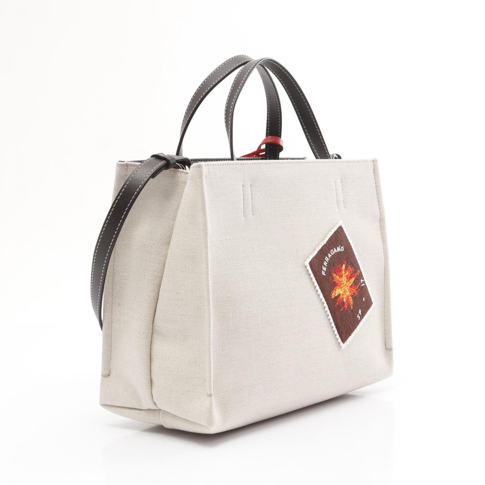 Salvatore Ferragamo Beige Brown Multi-Color Canvas Leather Tote Bag (Pre-Owned)