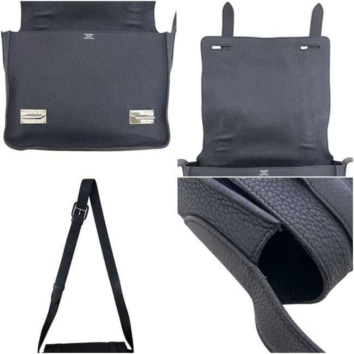 Hermes Black Dark Navy Navy Chevre Leather Leather Shoulder Bag (Pre-Owned)