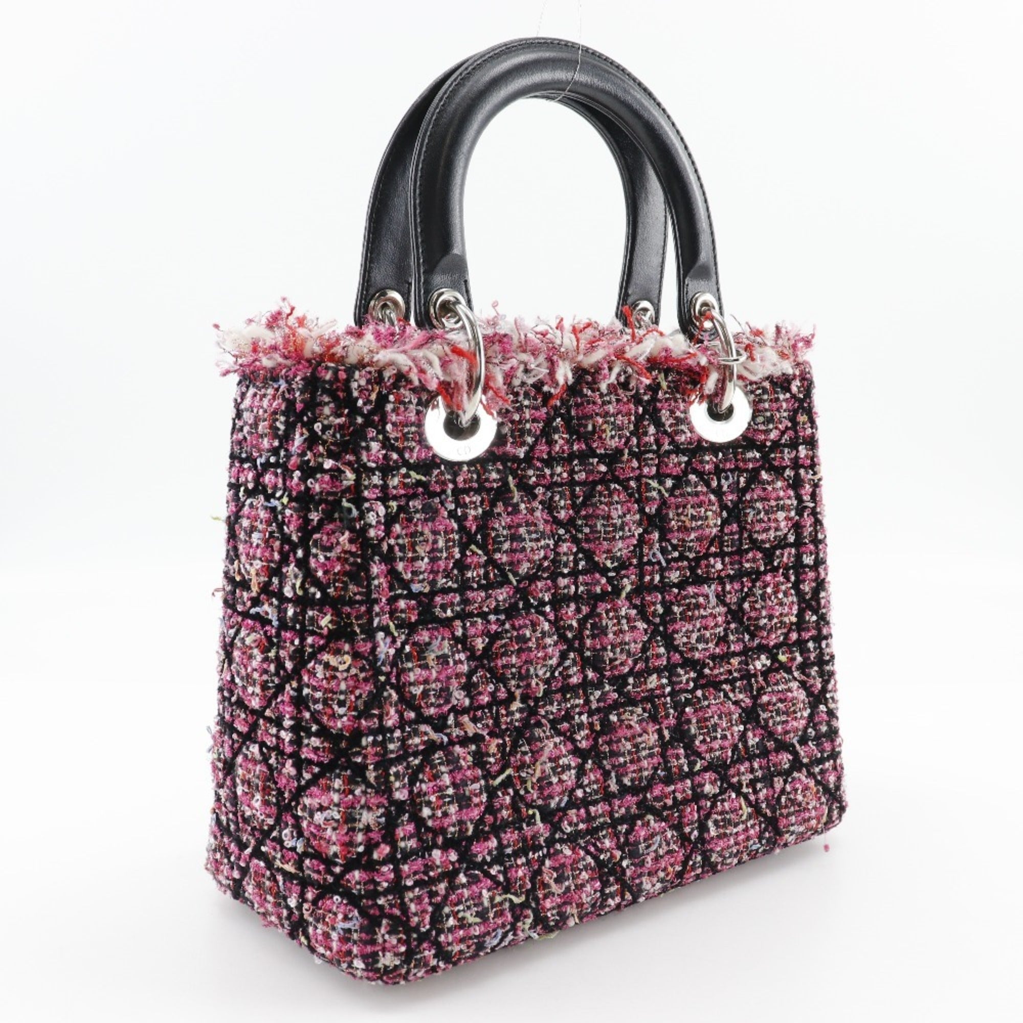 Christian Dior Lady Dior Black Pink Tweed Leather Handbag (Pre-Owned)