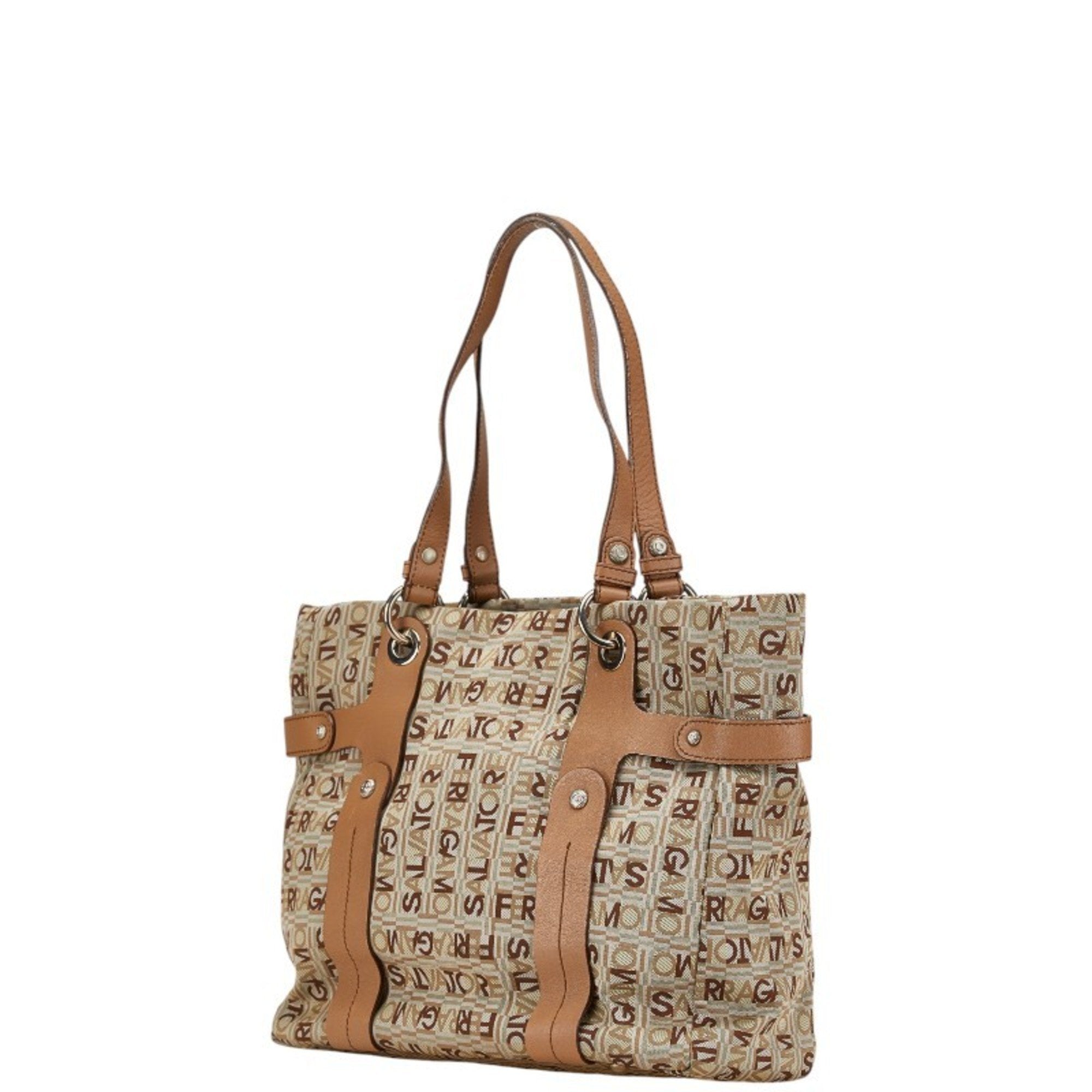 Salvatore Ferragamo Beige Gray Canvas Leather Shoulder Bag Tote Bag (Pre-Owned)