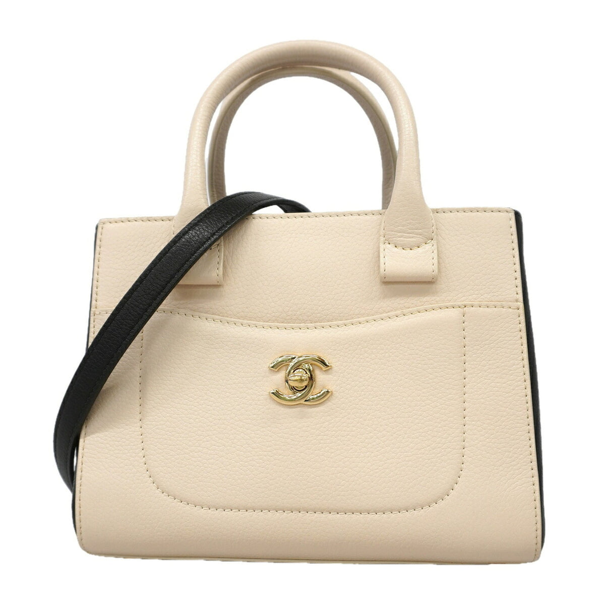 Chanel Beige Black Leather Handbag (Pre-Owned)