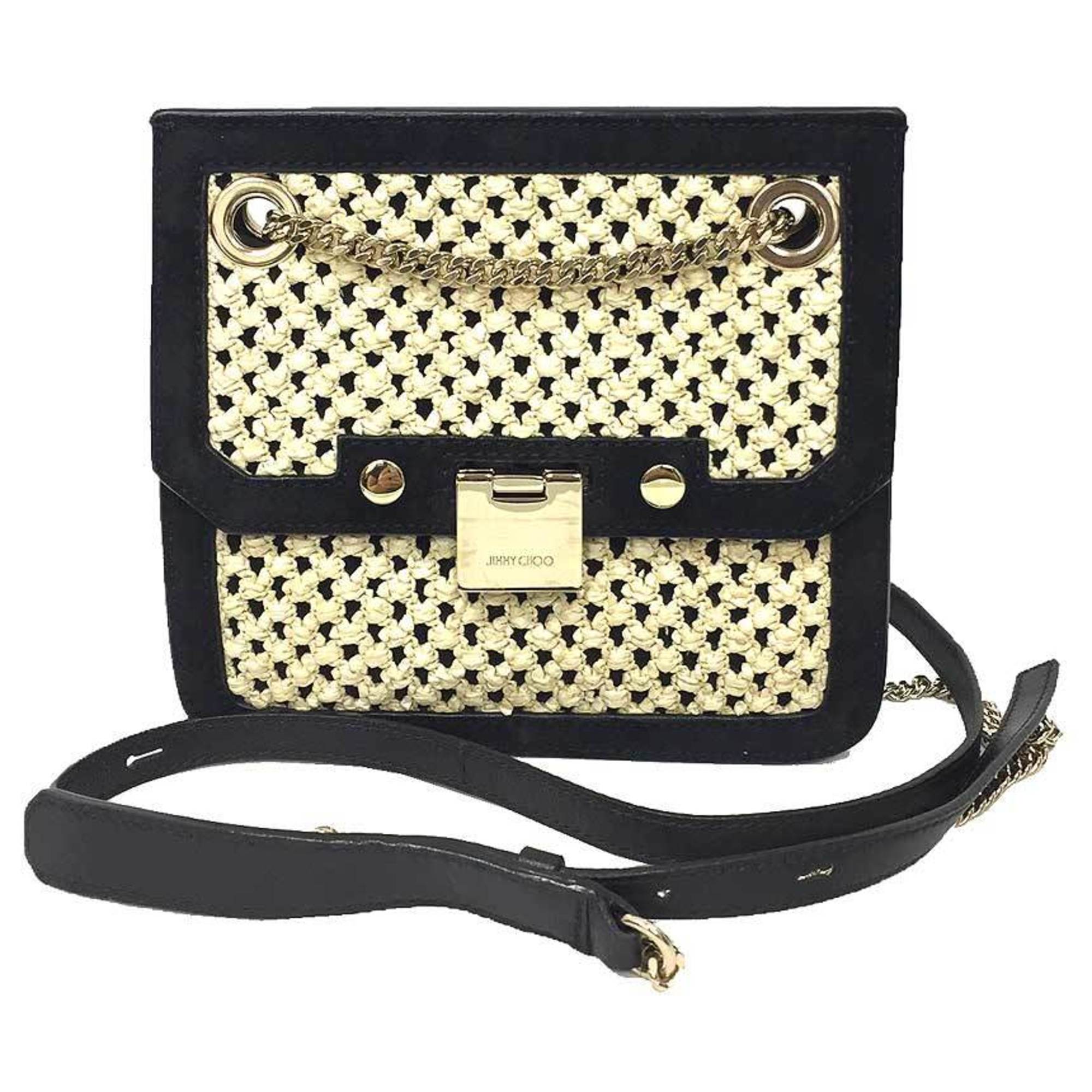 Jimmy Choo Beige Black Leather Straw Shoulder Bag (Pre-Owned)