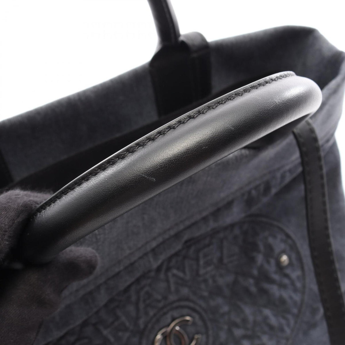 Chanel Black Navy Denim Leather Handbag Tote Bag (Pre-Owned)