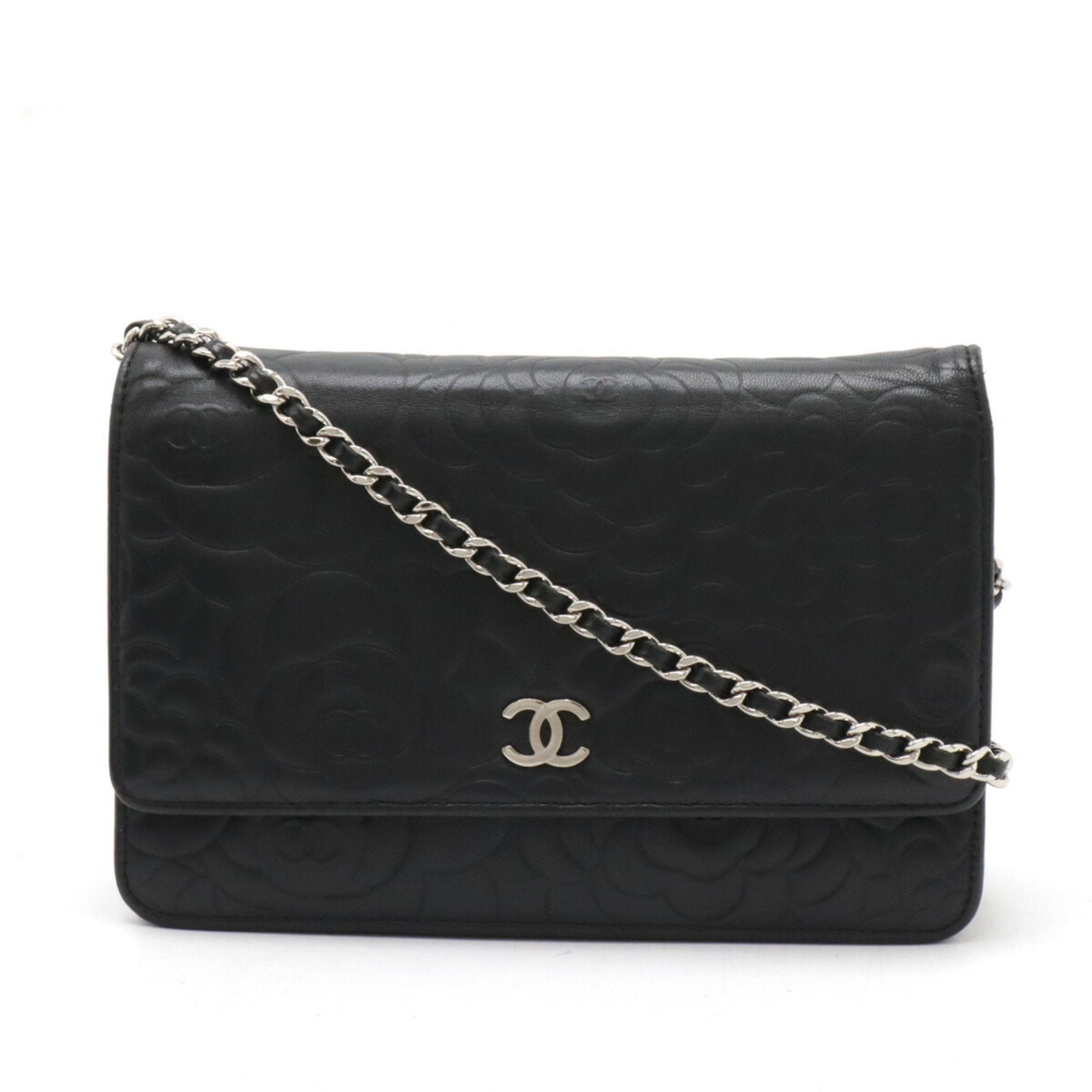 Chanel Camellia Black Leather Chain/Shoulder Wallet (Pre-Owned)