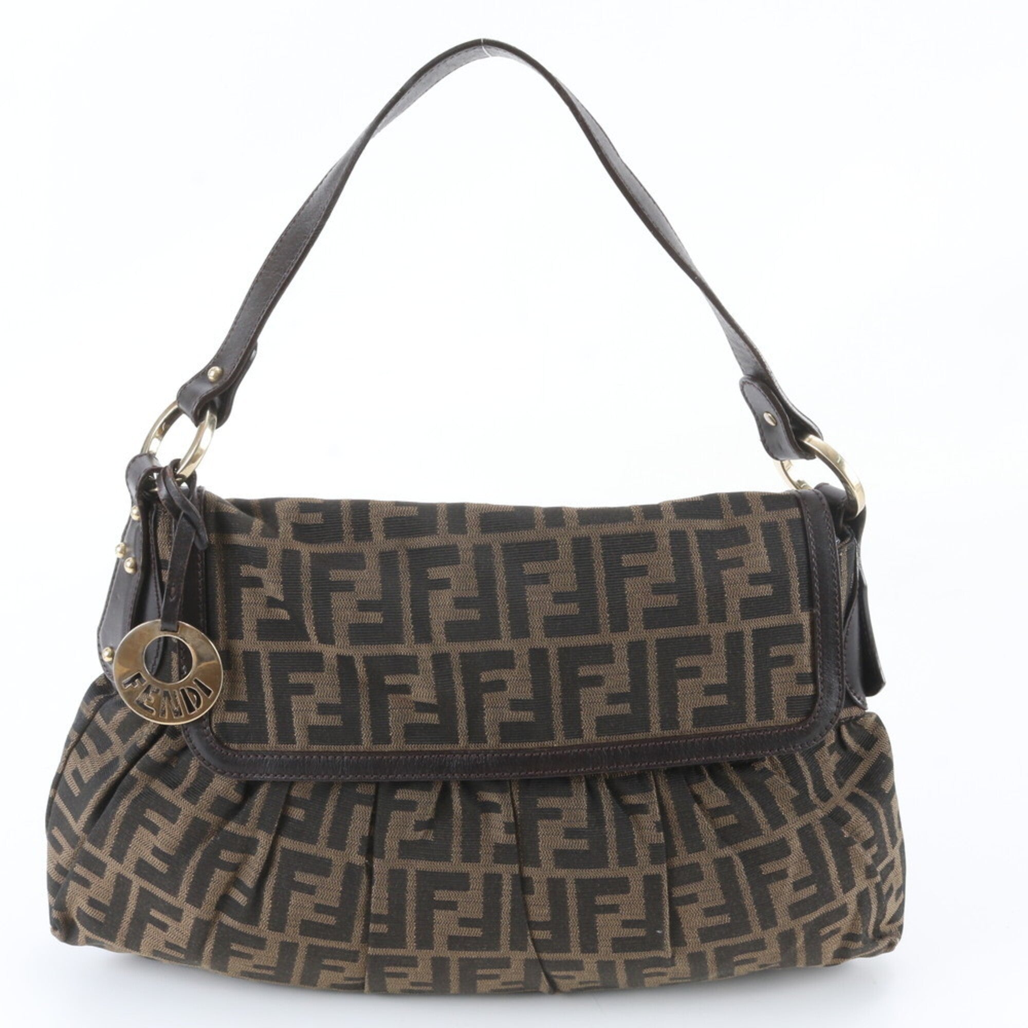Fendi Brown Leather Canvas Handbag Shoulder Bag (Pre-Owned)