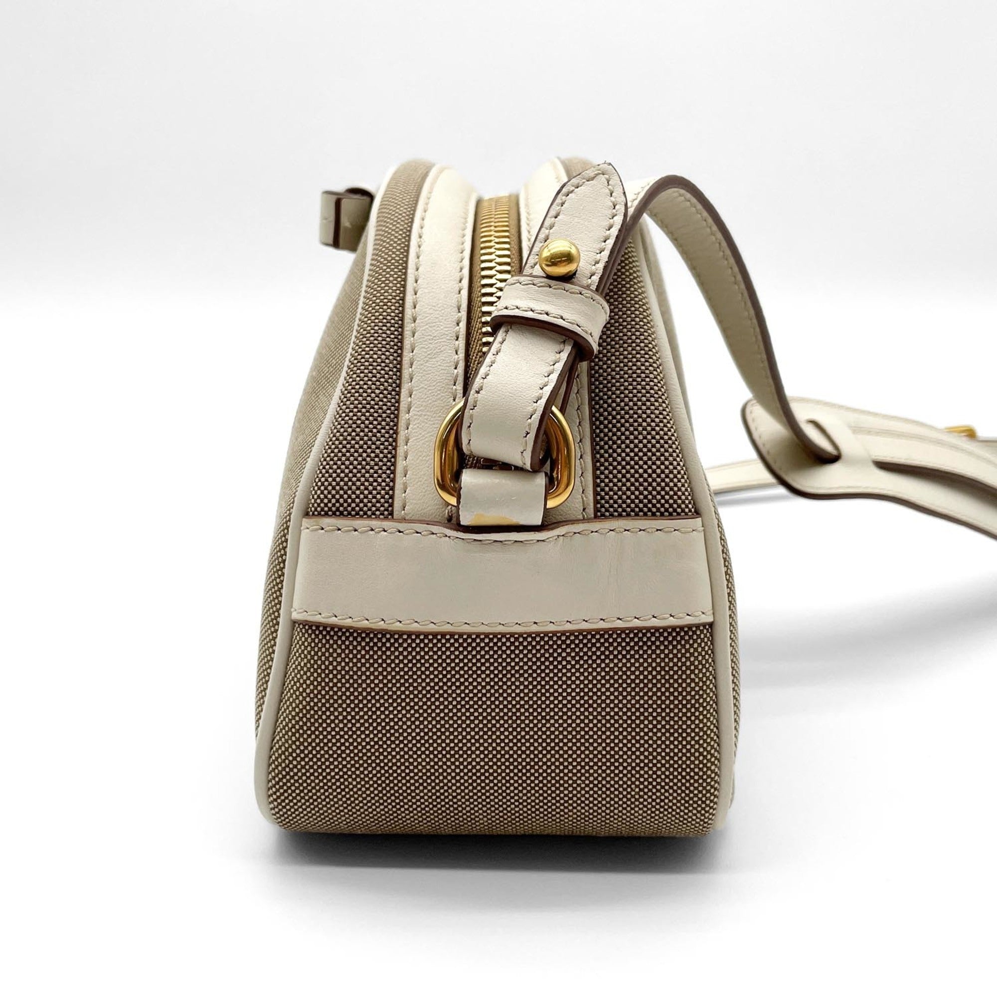 Prada Brown White Canvas Leather Shoulder Bag (Pre-Owned)