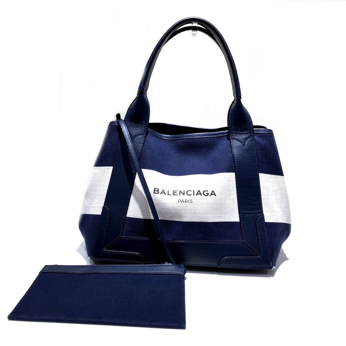 Balenciaga Navy White Canvas Leather Handbag (Pre-Owned)