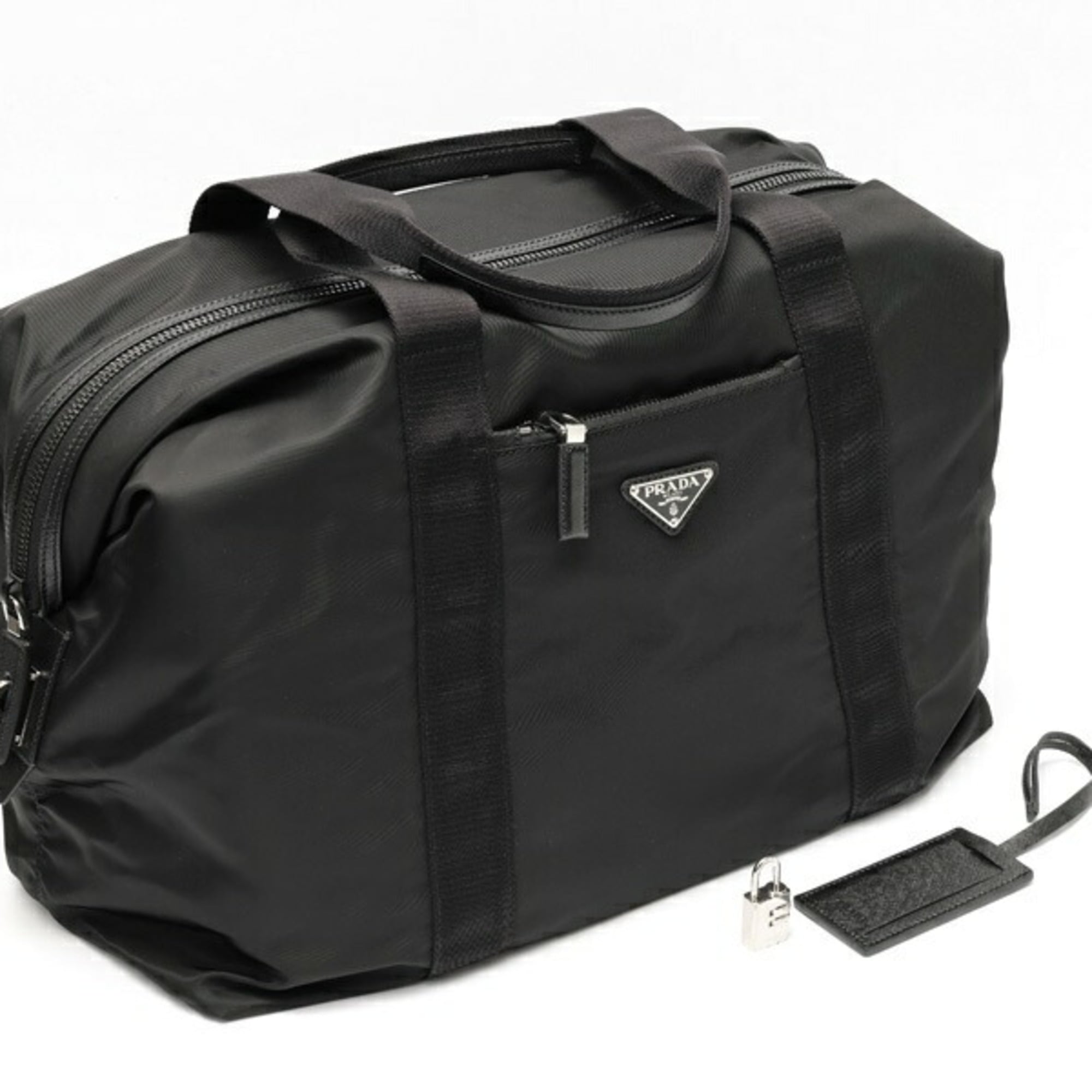 Prada Black Nylon Leather Fabric Saffiano Boston Bag (Pre-Owned)
