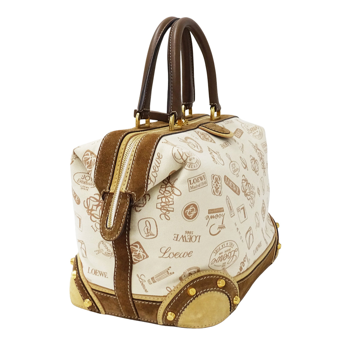 Loewe Beige Brown Canvas Boston Bag Handbag (Pre-Owned)