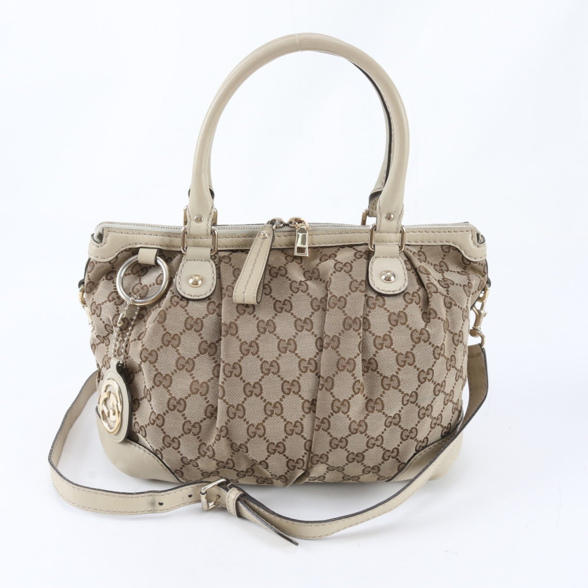 Gucci Gg Canvas Beige Ivory Gg Canvas Leather Handbag Shoulder Bag Tote Bag (Pre-Owned)