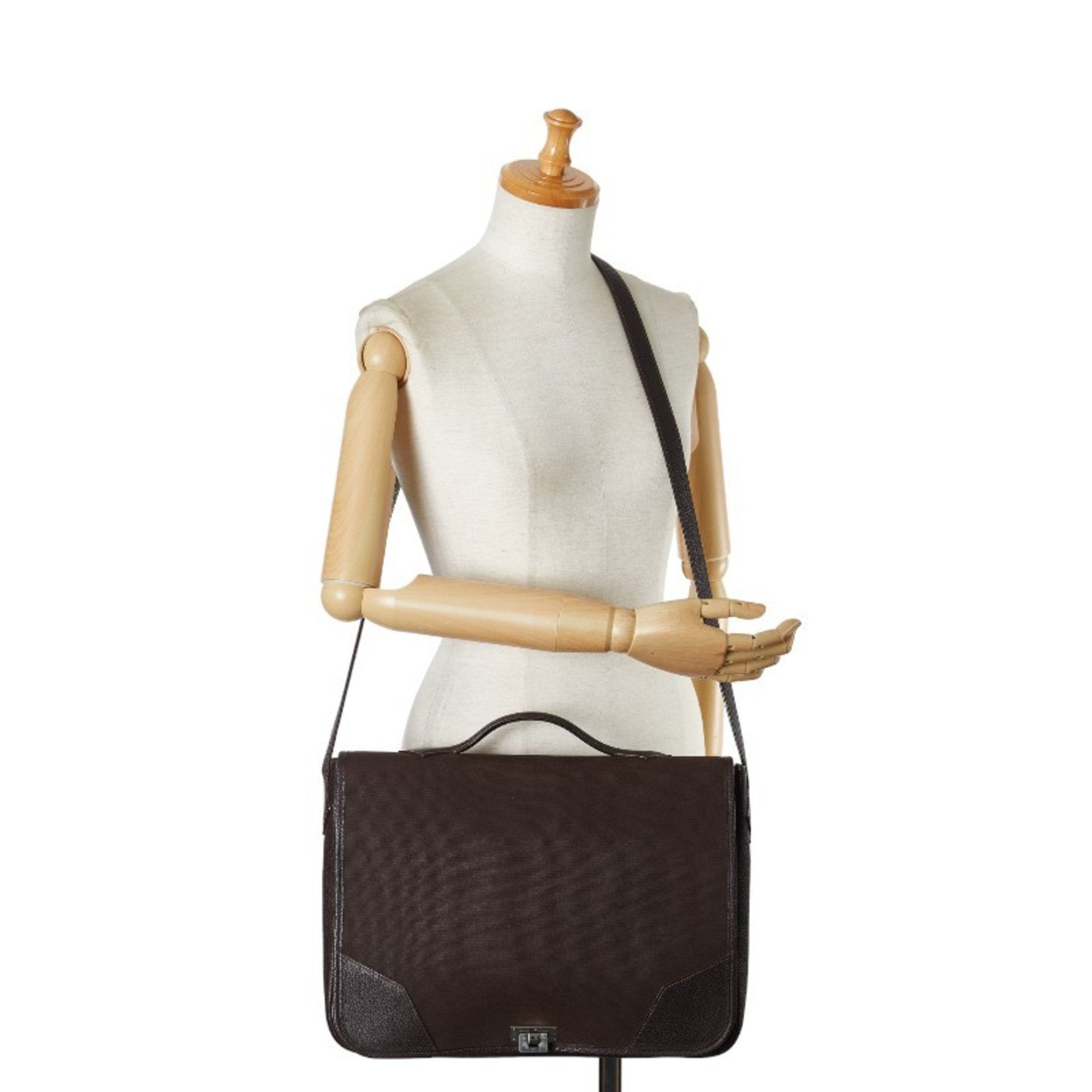 Hermes Brown Canvas Leather Handbag Shoulder Bag (Pre-Owned)