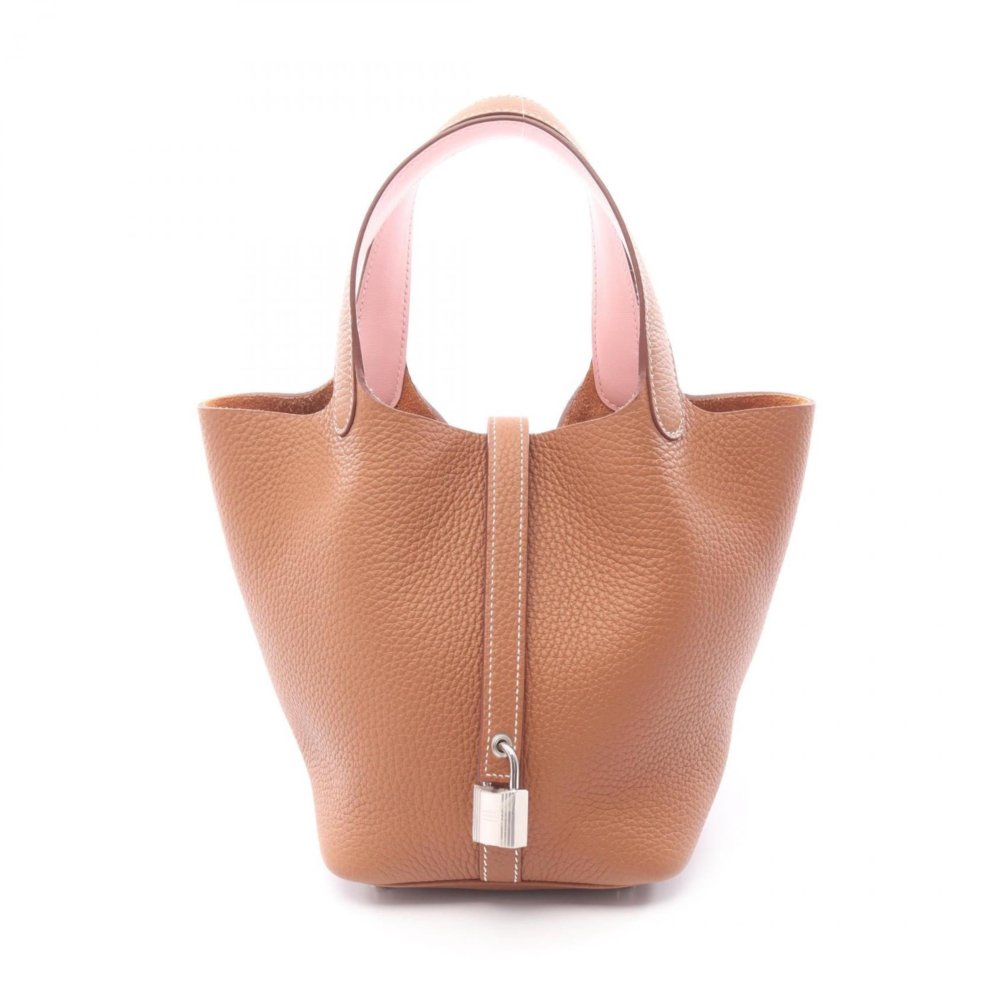Hermes Brown Gold Brown Pink Rose Sakura Taurillon Clemence Leather Handbag (Pre-Owned)