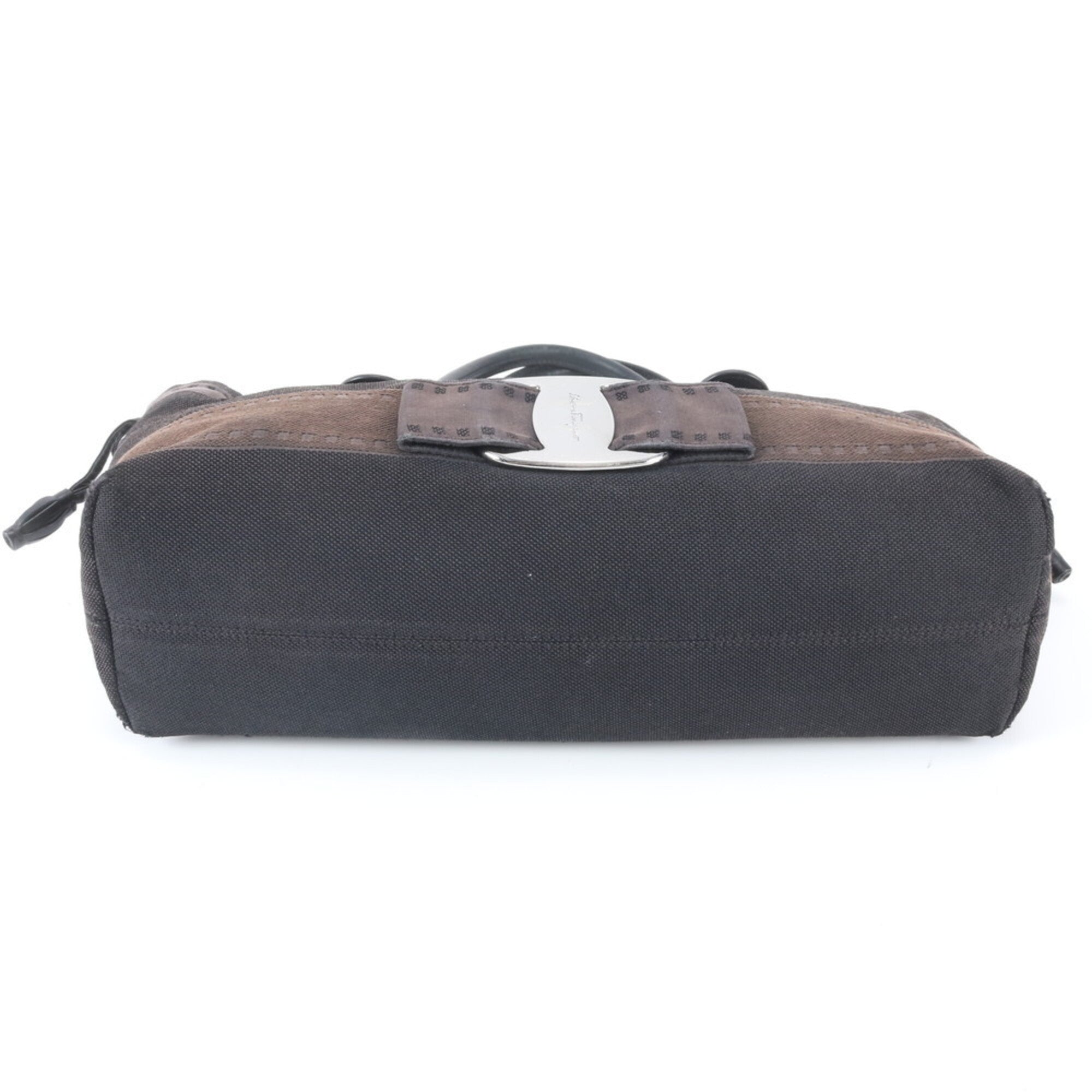 Salvatore Ferragamo Black Brown Leather Canvas Handbag (Pre-Owned)
