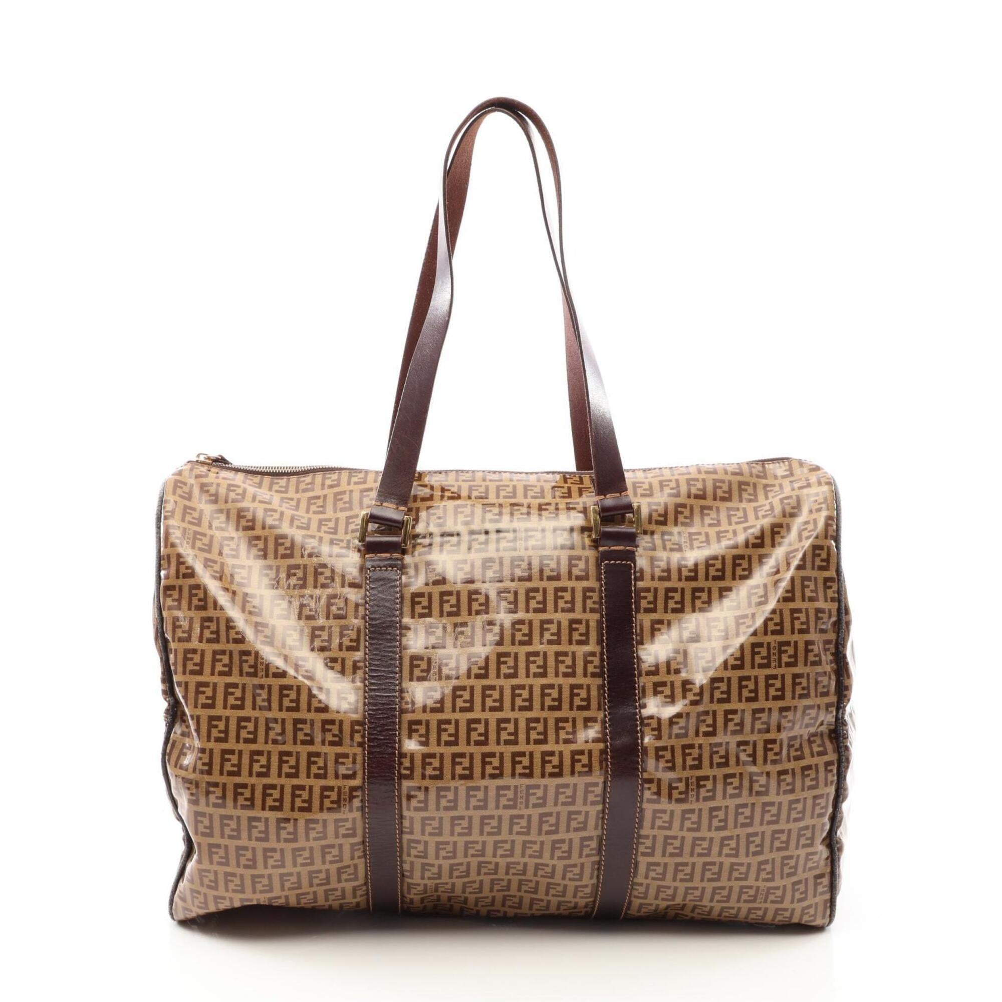 Fendi Beige Brown Canvas Leather Boston Bag Handbag (Pre-Owned)
