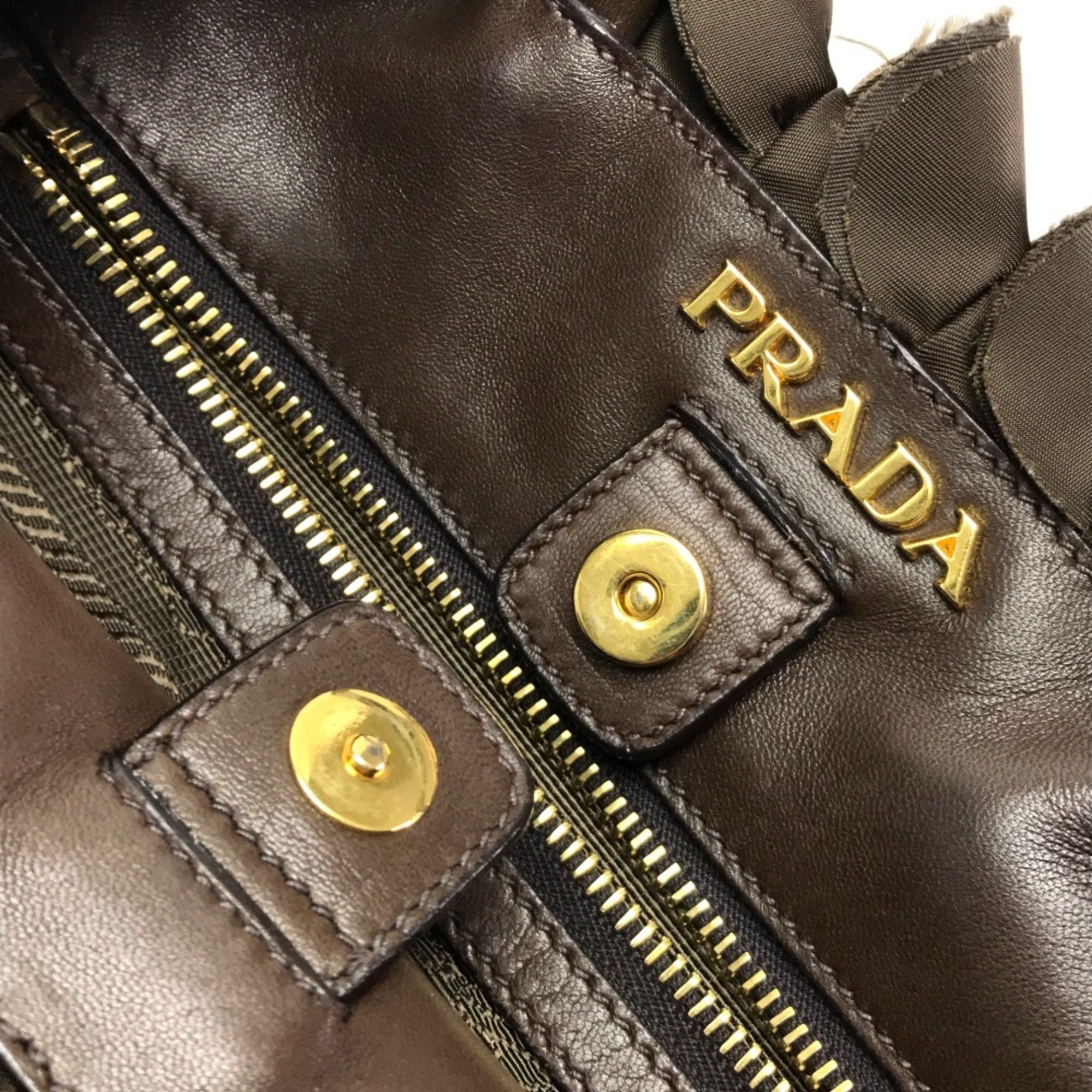 Prada Brown Nylon Canvas Leather Handbag Tote Bag (Pre-Owned)