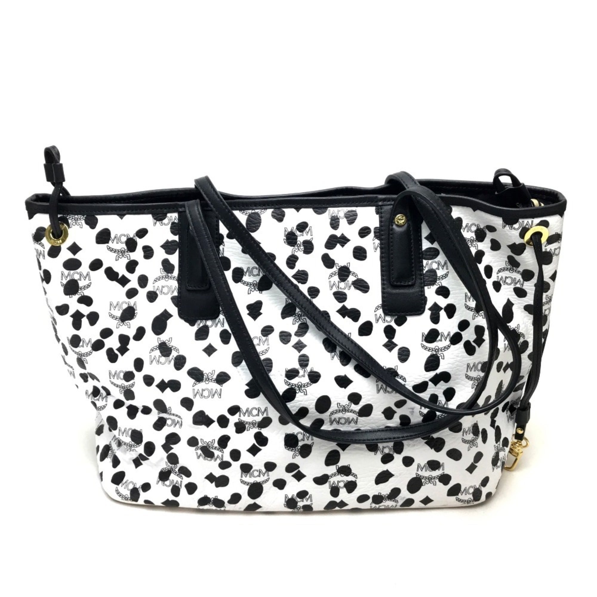 Mcm Black White Leather Shoulder Bag Tote Bag (Pre-Owned)
