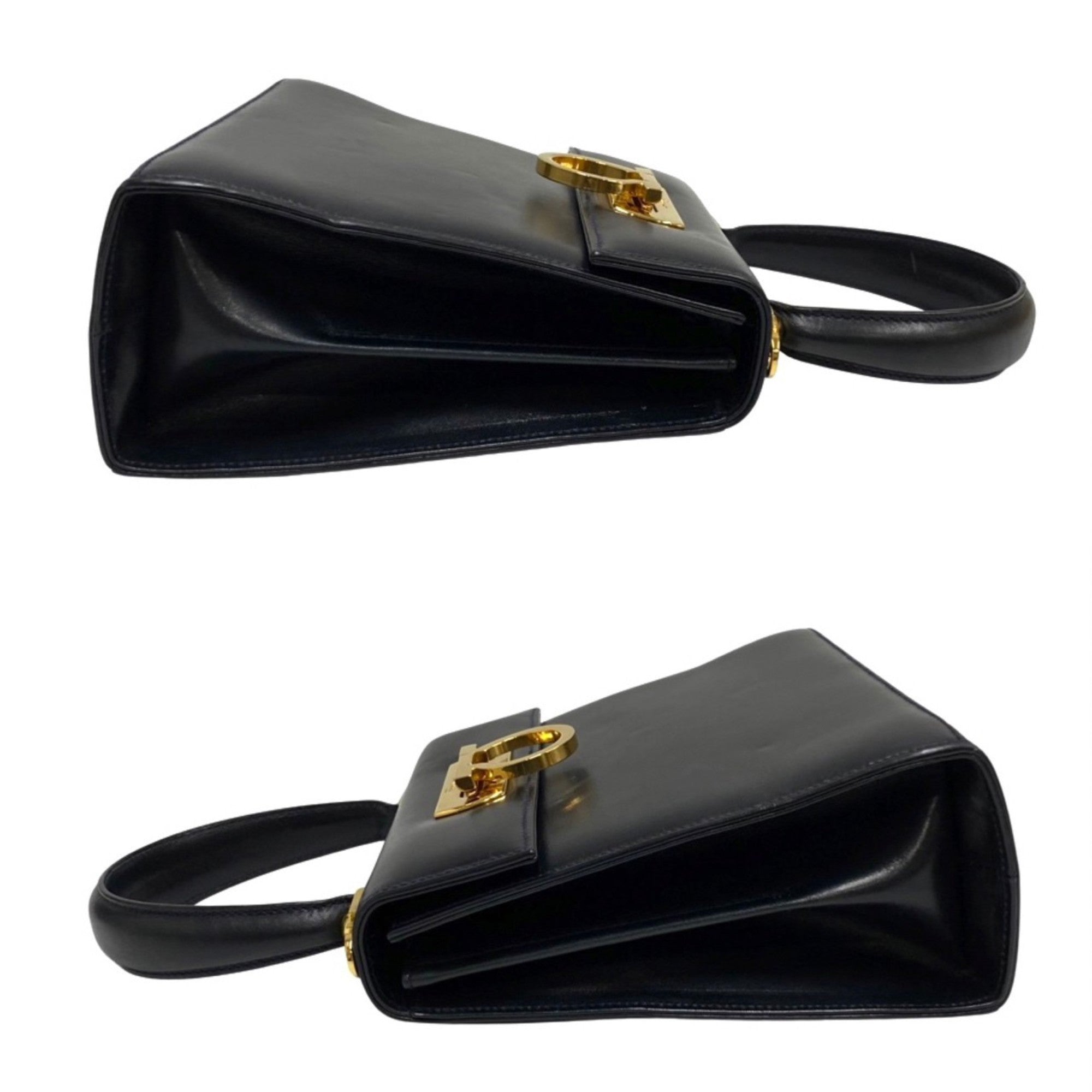 Salvatore Ferragamo Gancini Gold Navy Leather Handbag Shoulder Bag (Pre-Owned)