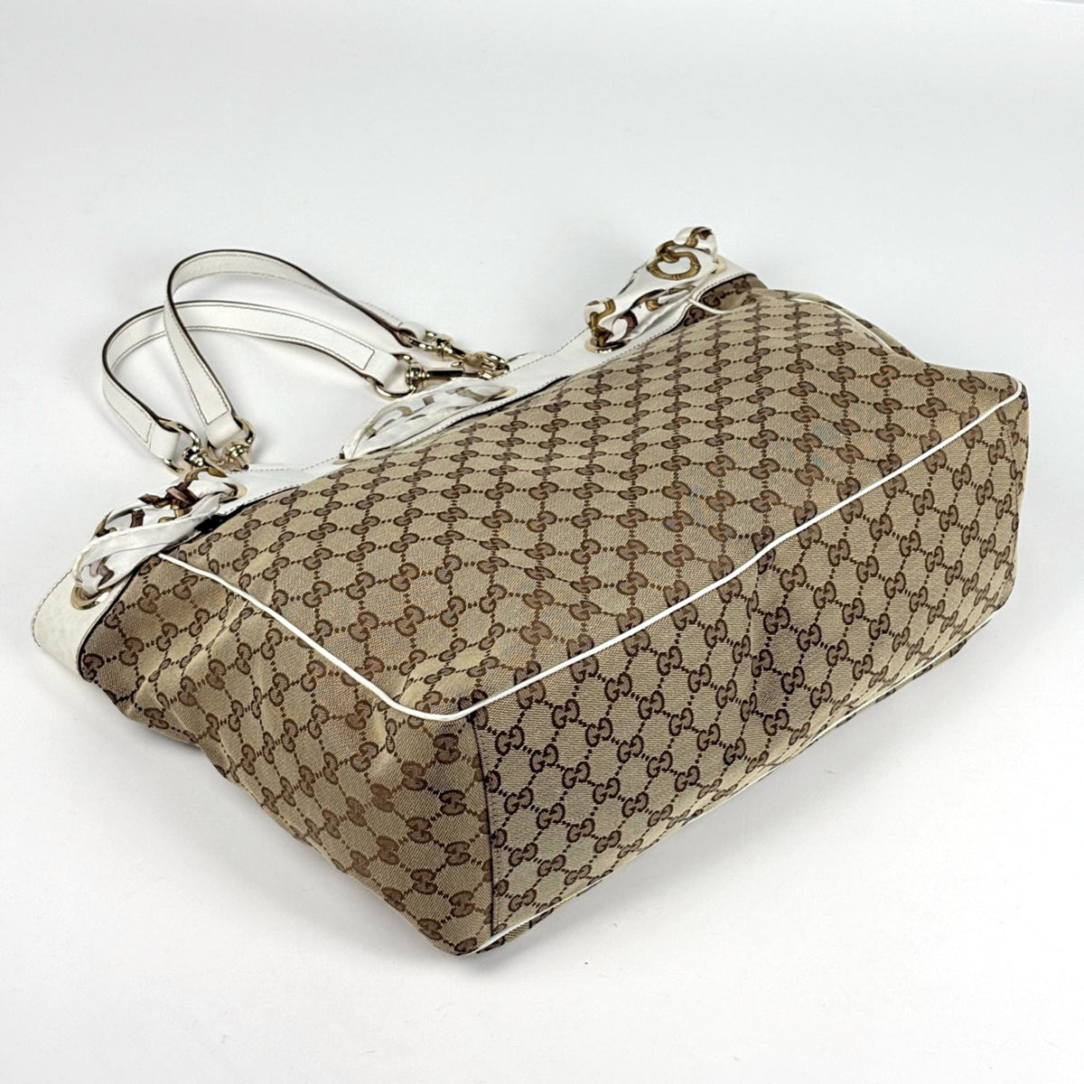 Gucci Beige White Gg Canvas Leather Tote Bag (Pre-Owned)