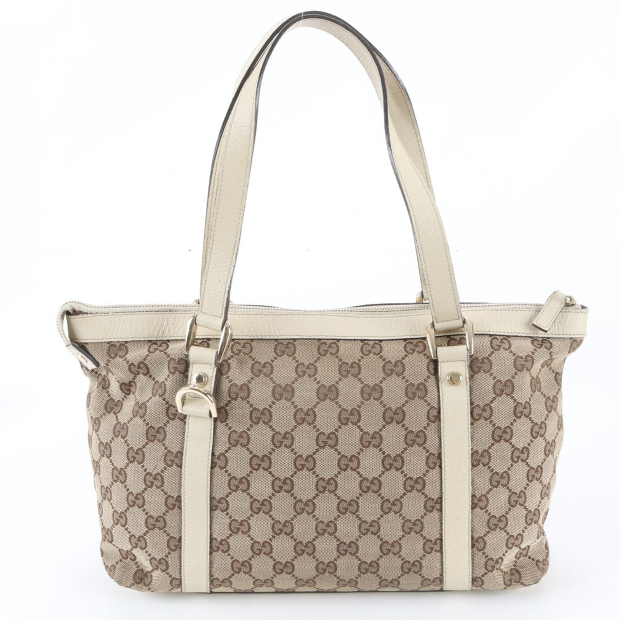 Gucci Beige Leather Canvas Handbag Shoulder Bag Tote Bag (Pre-Owned)