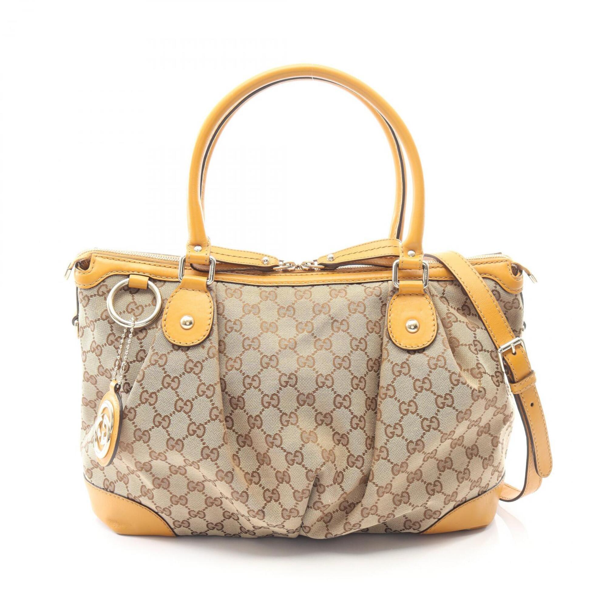 Gucci Beige Brown Gg Canvas Leather Handbag (Pre-Owned)