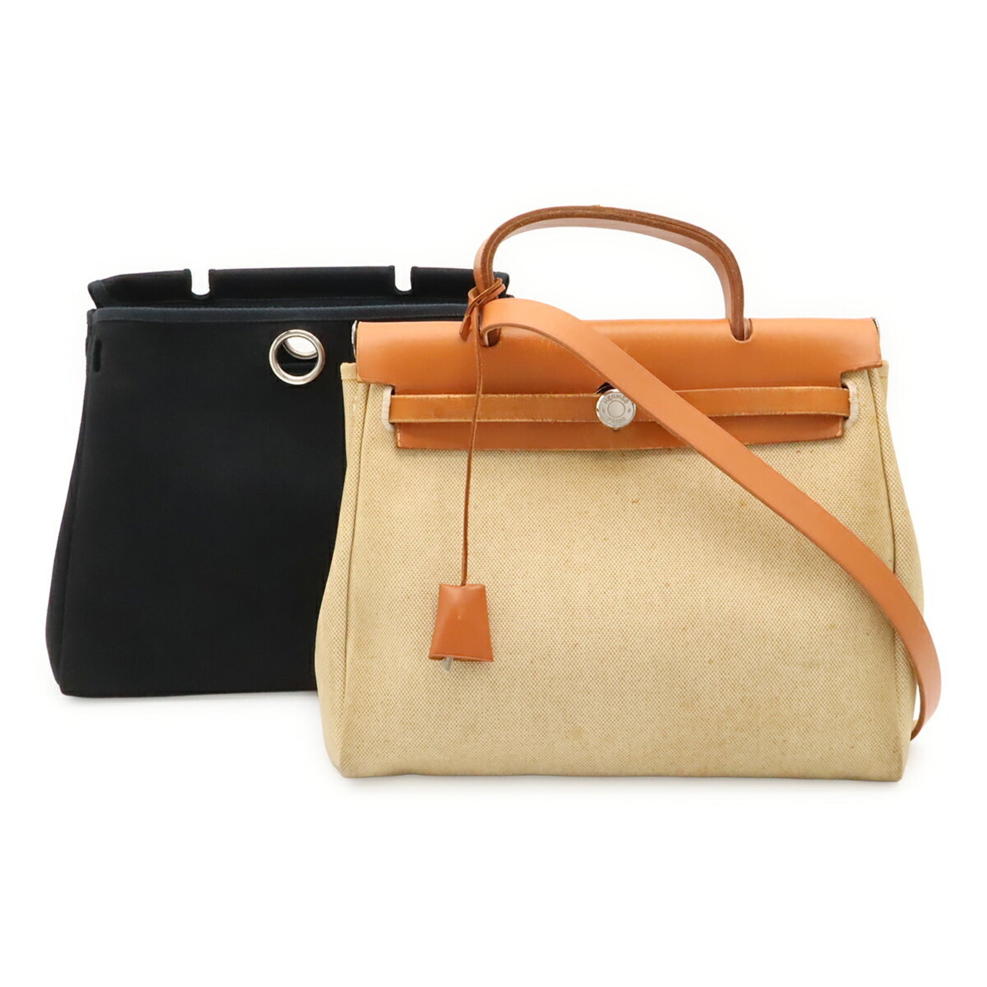 Hermes Black Natural Toile Officier Handbag Shoulder Bag (Pre-Owned)
