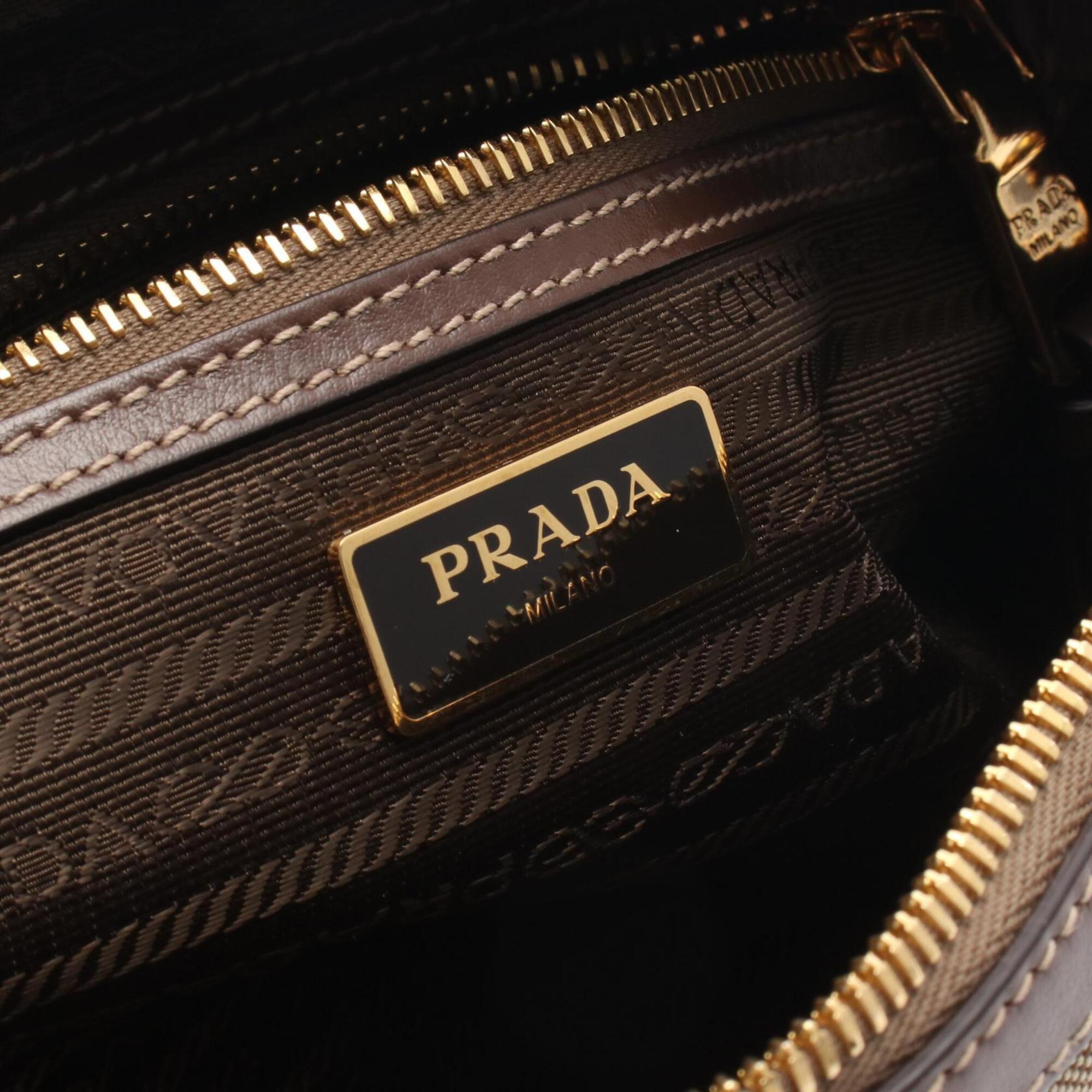 Prada Brown Gray Canvas Leather Handbag Shoulder Bag (Pre-Owned)