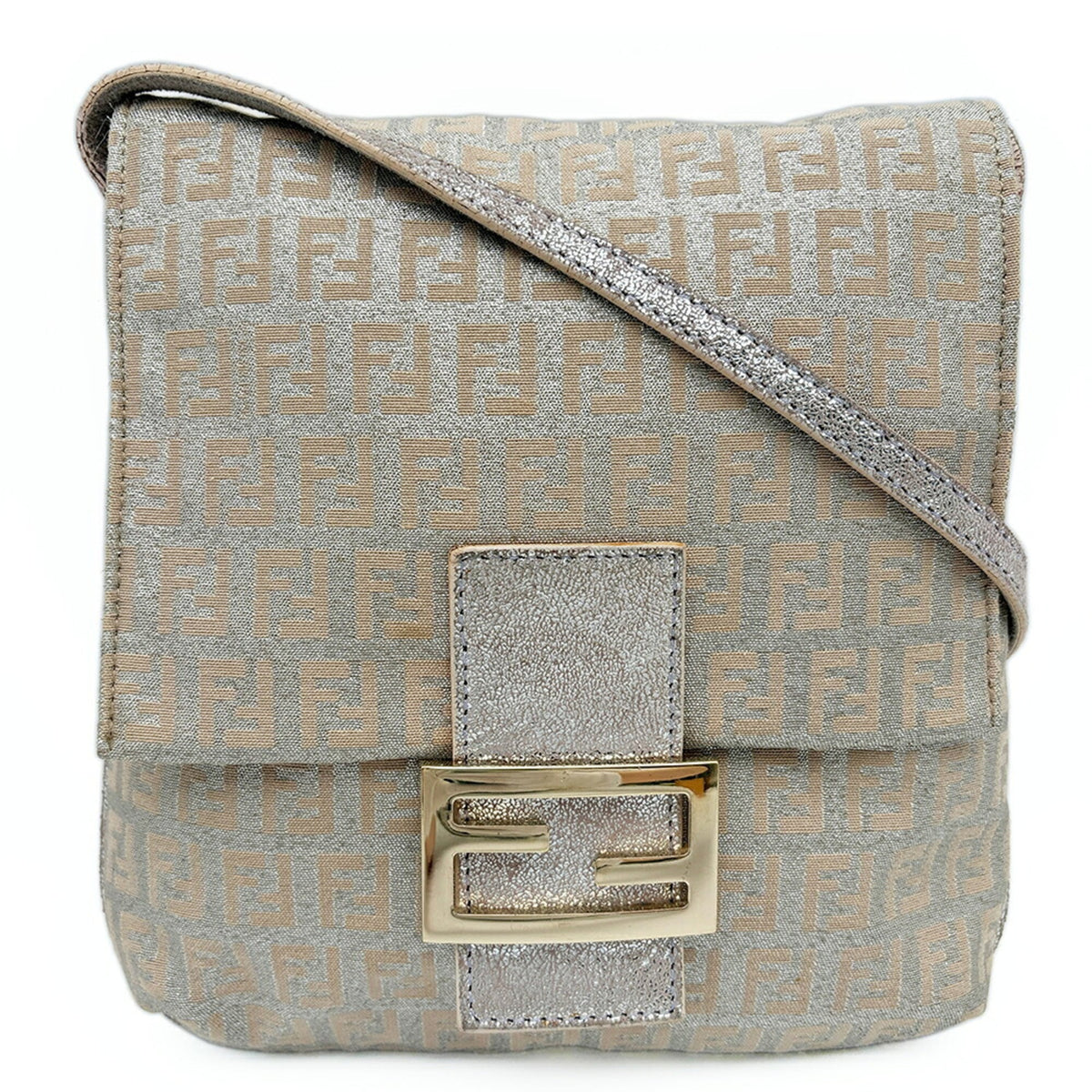 Fendi Zucchino Beige Silver Canvas Leather Pochette Shoulder Bag (Pre-Owned)