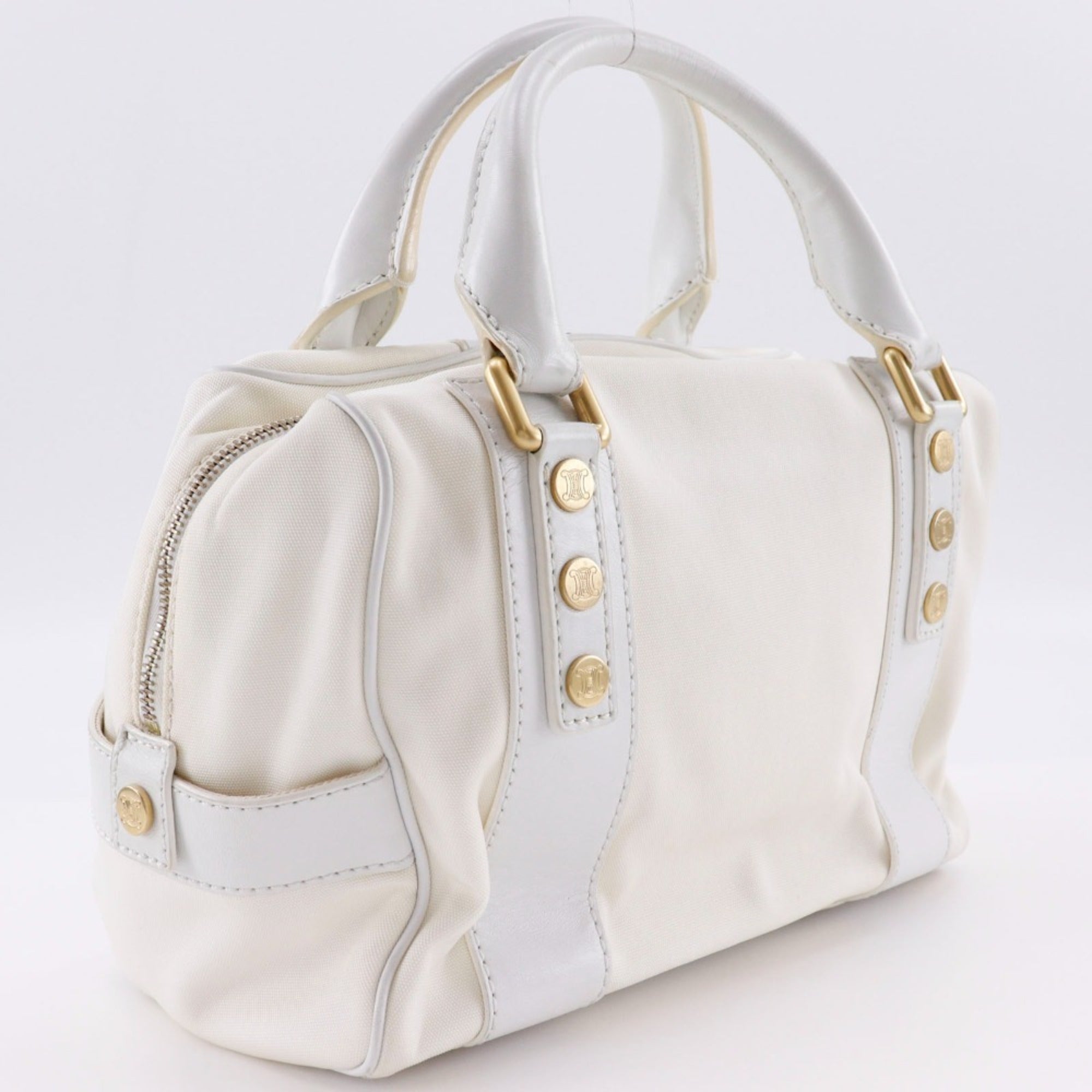 Celine White Nylon Canvas Leather Boston Bag Handbag (Pre-Owned)