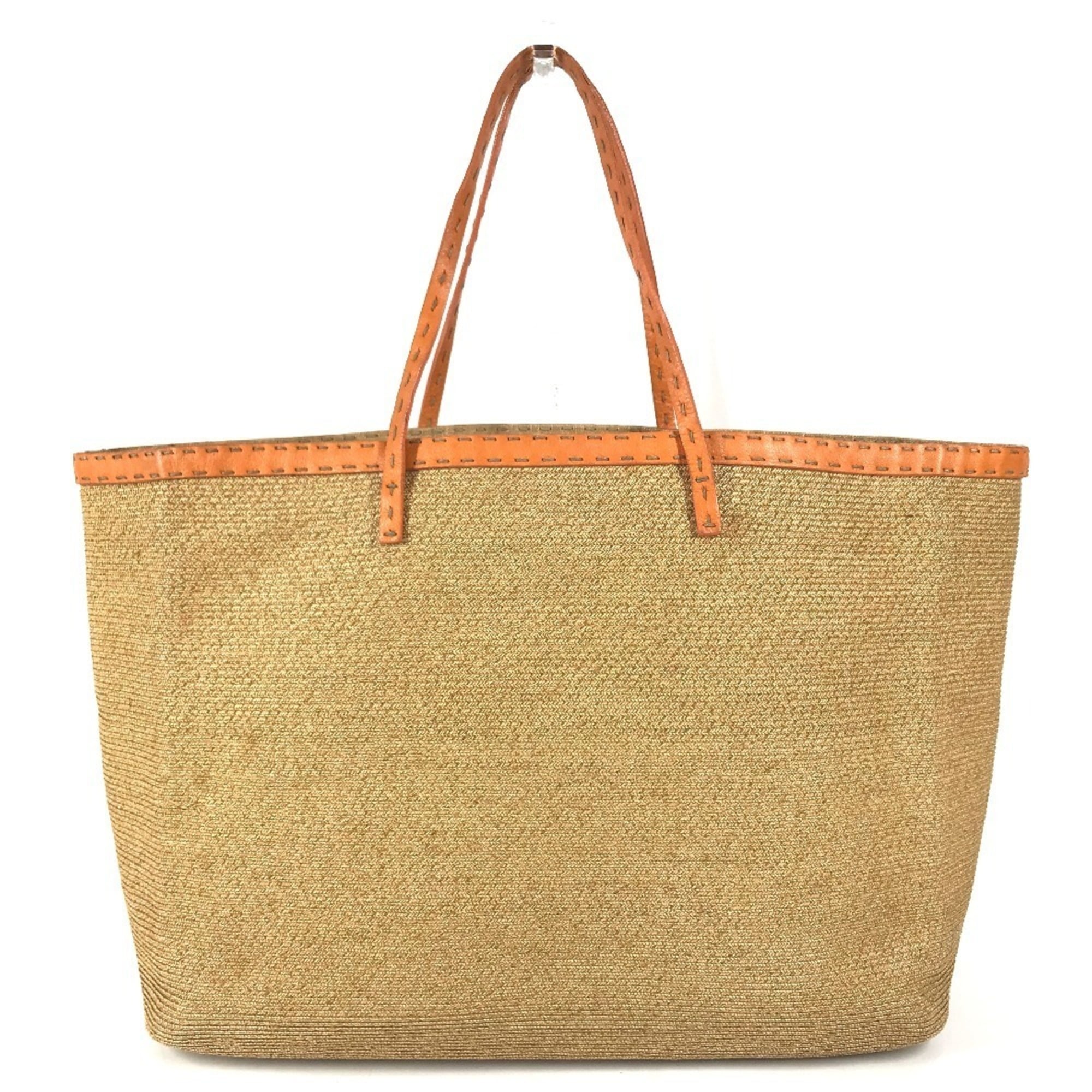 Fendi Beige Orange Raffia Leather Beach Bag Shoulder Bag Tote Bag (Pre-Owned)