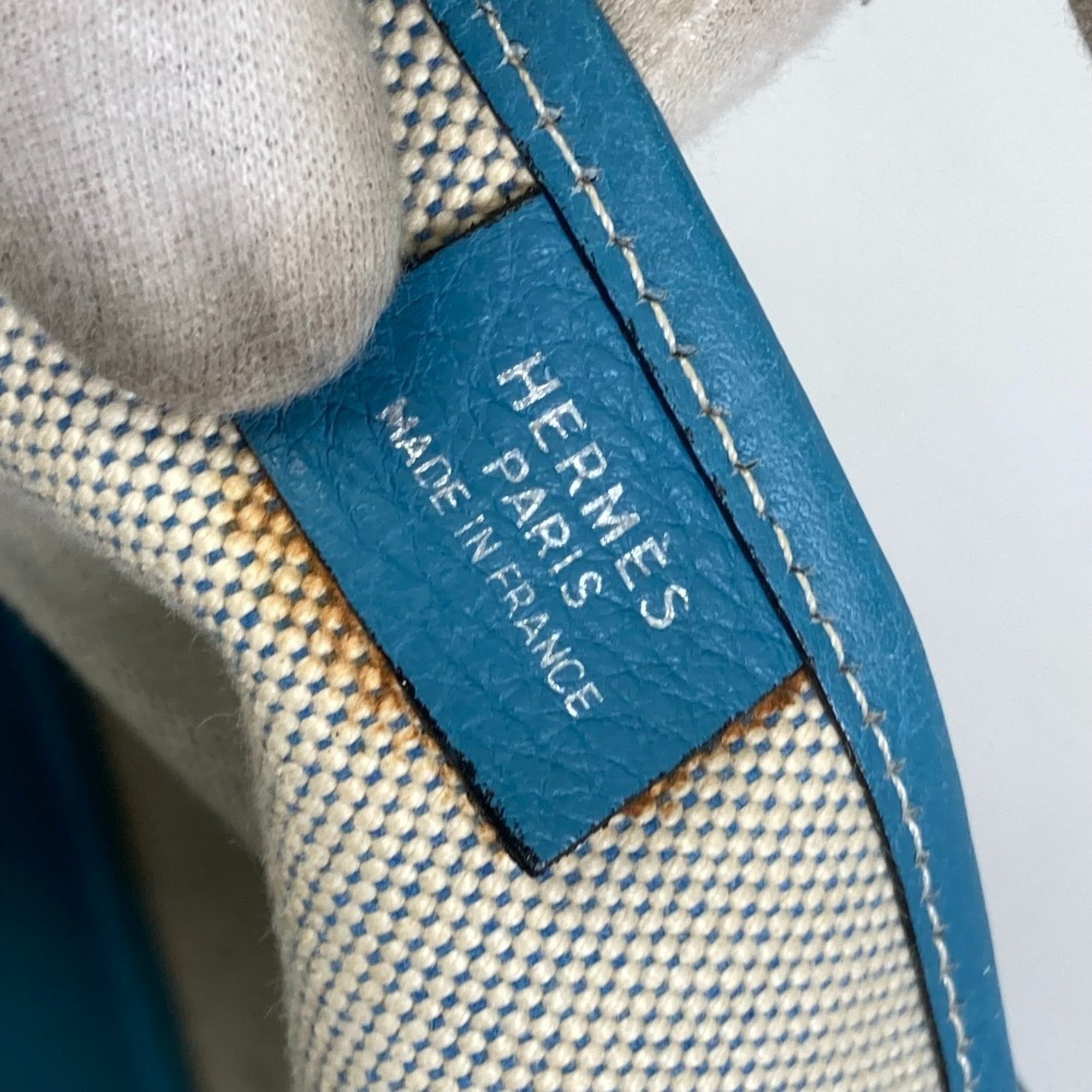 Hermes Jardinier Blue Natural Toile H Taurillon Clemence Leather Shoulder Bag Tote Bag (Pre-Owned)