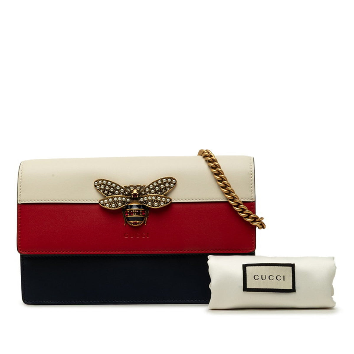 Gucci Navy Red Color White Leather Shoulder Bag (Pre-Owned)