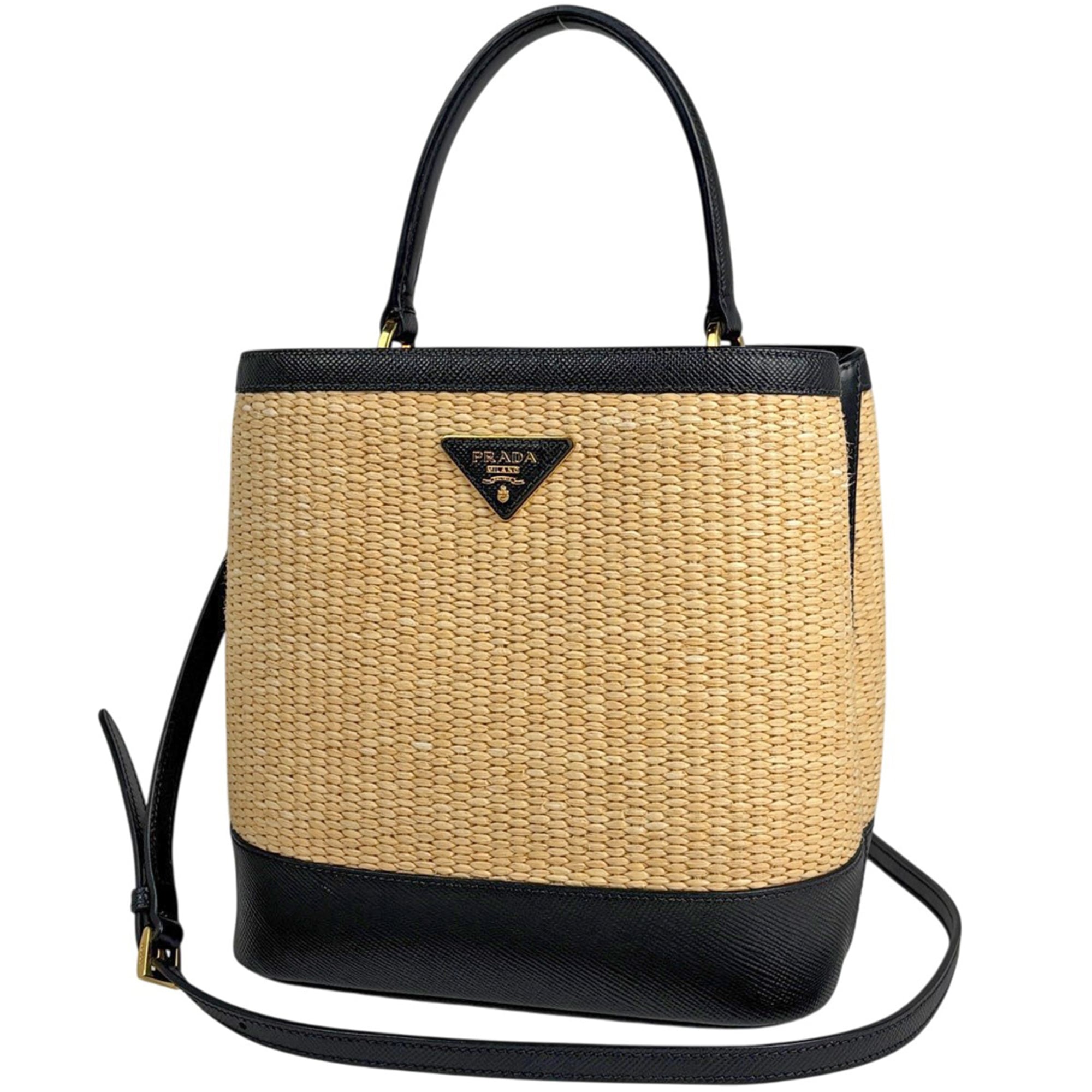 Prada Beige Black Straw Saffiano Handbag Shoulder Bag (Pre-Owned)