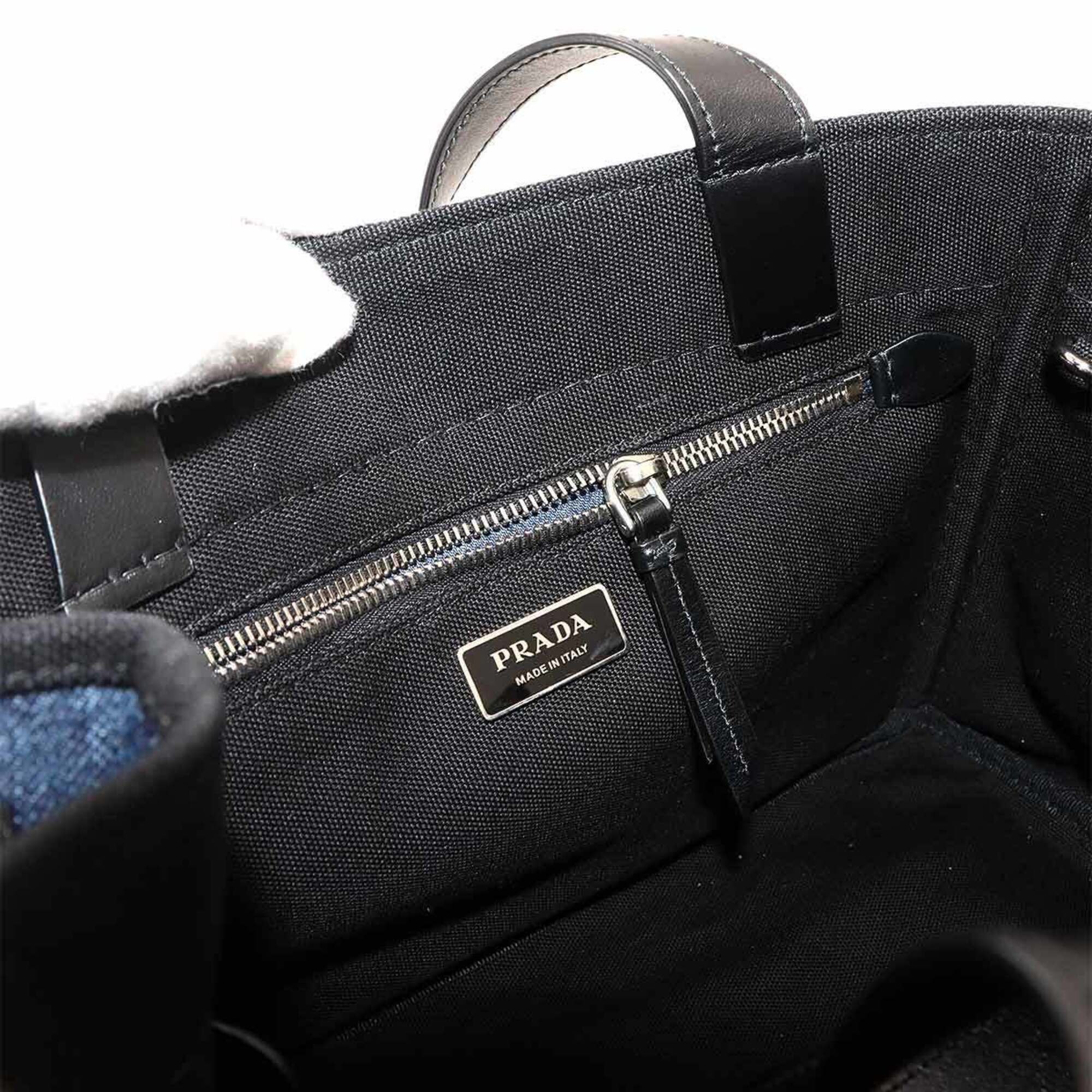 Prada Black Blue Denim Leather Handbag Shoulder Bag (Pre-Owned)