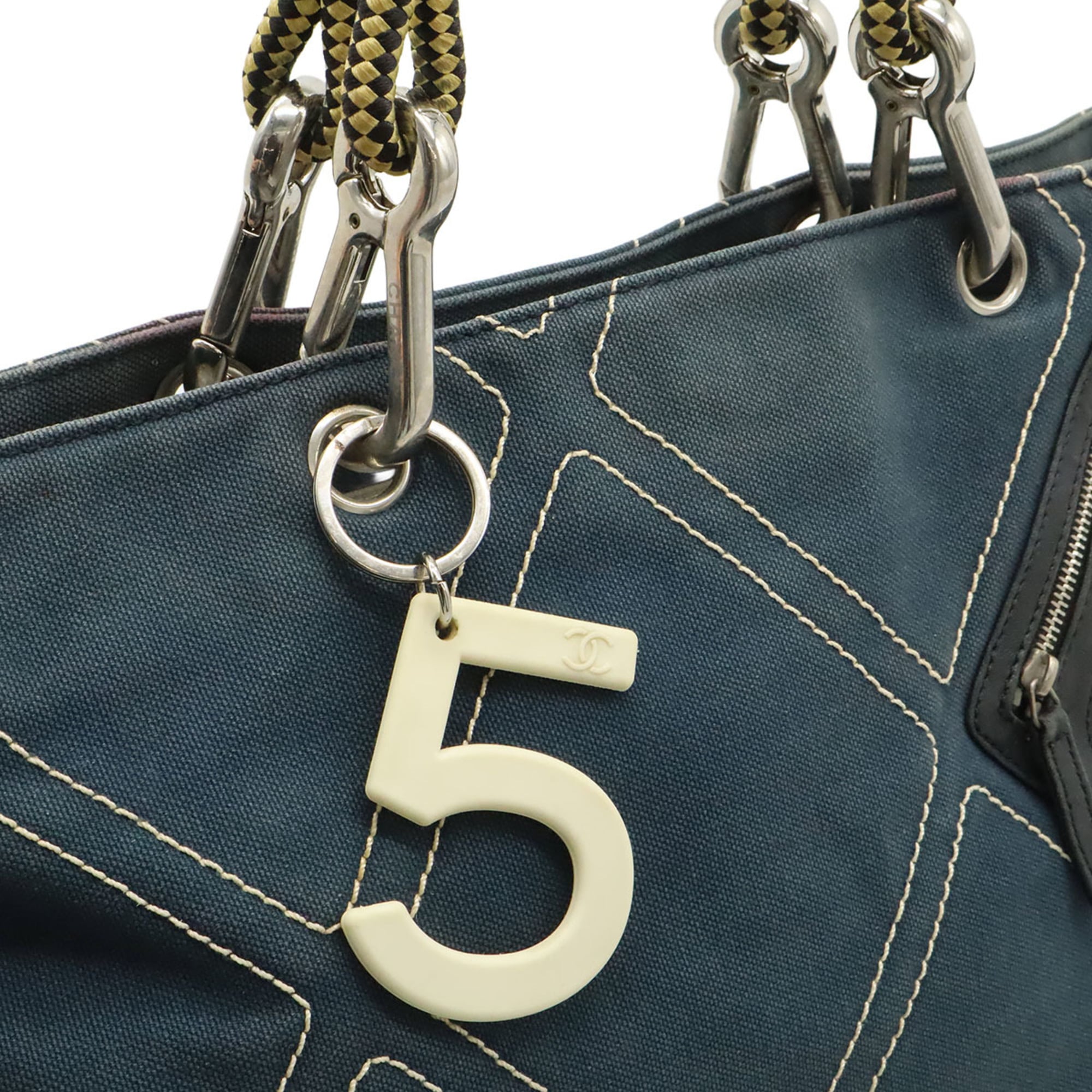 Chanel No.5 Black Navy Canvas Leather Shoulder Bag Tote Bag (Pre-Owned)