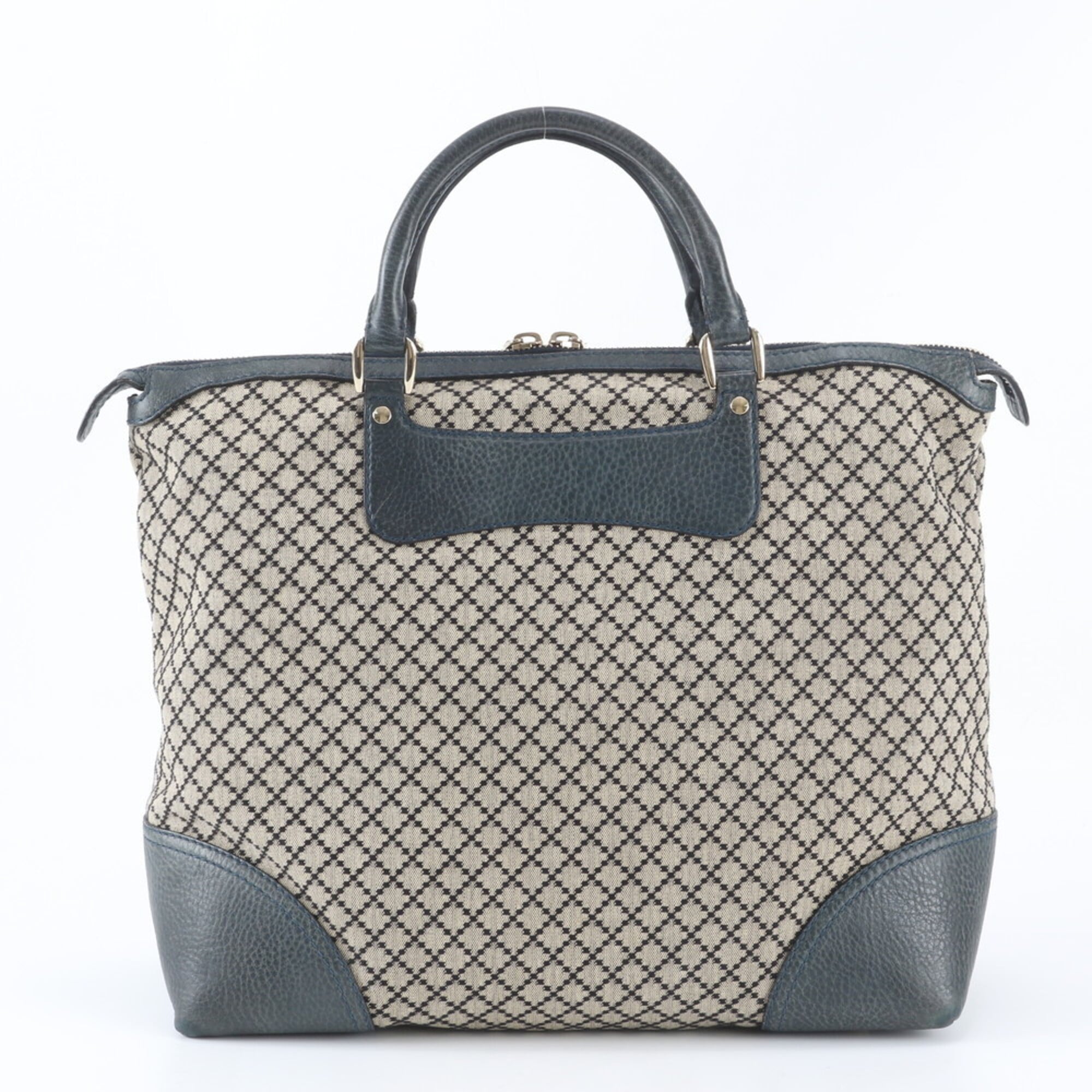 Gucci Diamante Beige Navy Leather Canvas Handbag Tote Bag (Pre-Owned)