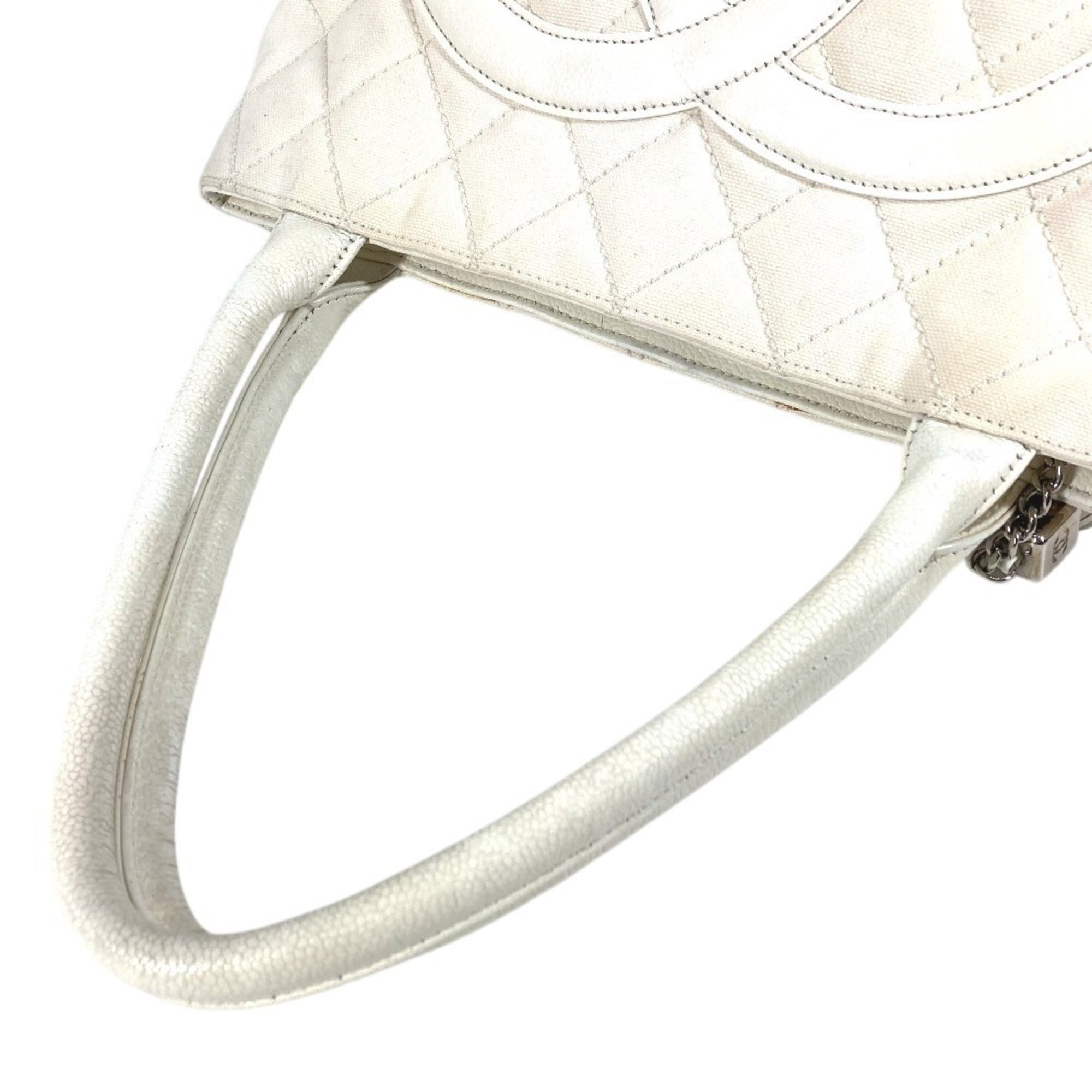 Chanel White Leather Canvas Shoulder Bag Tote Bag (Pre-Owned)
