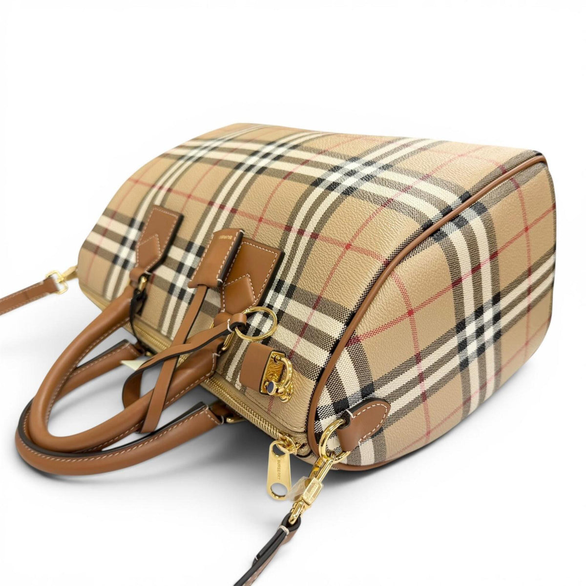 Burberry Beige Brown Leather Cotton Elastane Polyester Boston Bag Shoulder Bag (Pre-Owned)