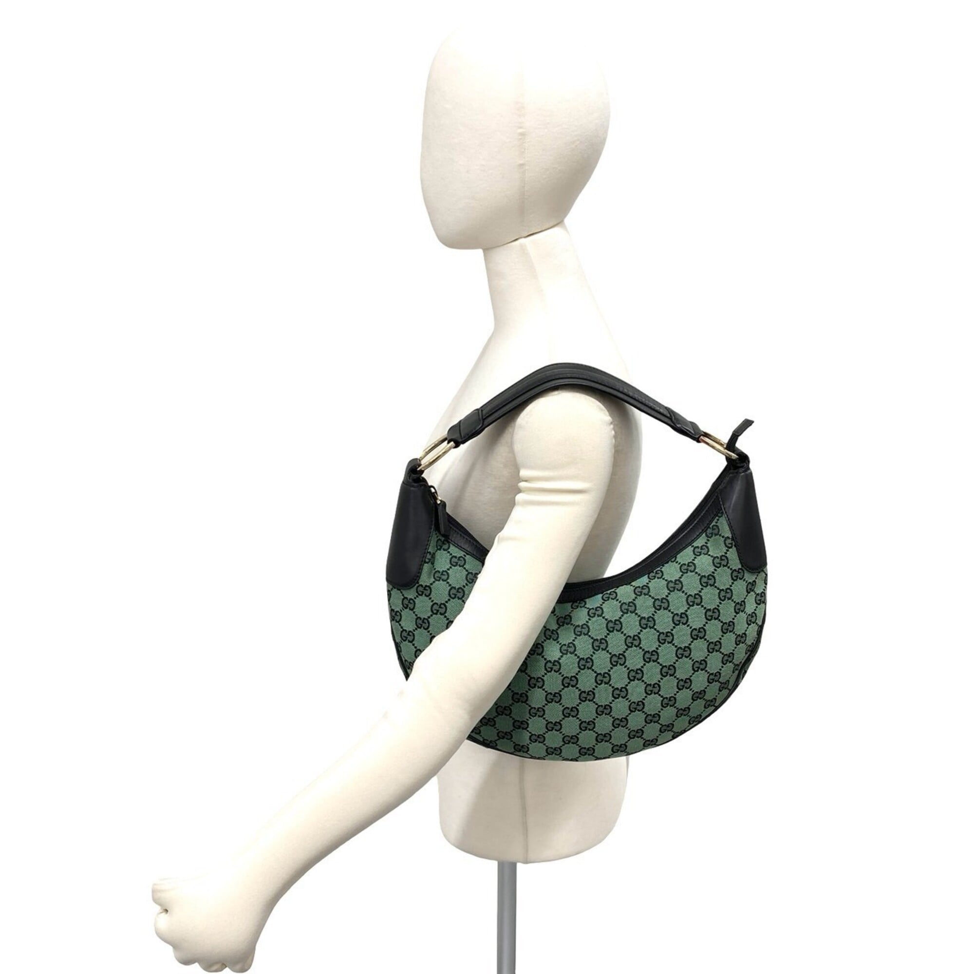 Gucci Black Green Canvas Leather Handbag Shoulder Bag (Pre-Owned)