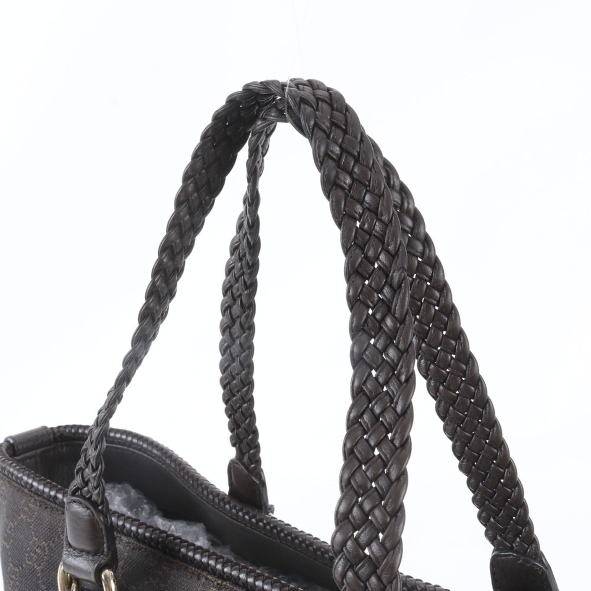 Gucci Dark Brown Leather Canvas Handbag Shoulder Bag Tote Bag (Pre-Owned)