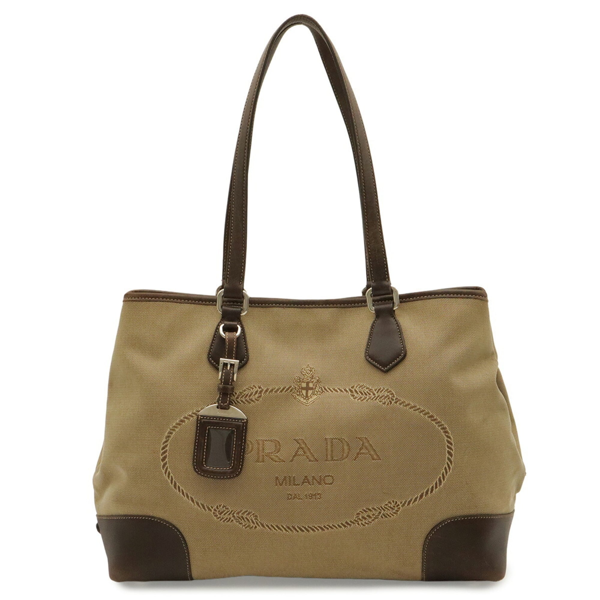 Prada Beige Dark Brown Khaki Canvas Leather Shoulder Bag Tote Bag (Pre-Owned)
