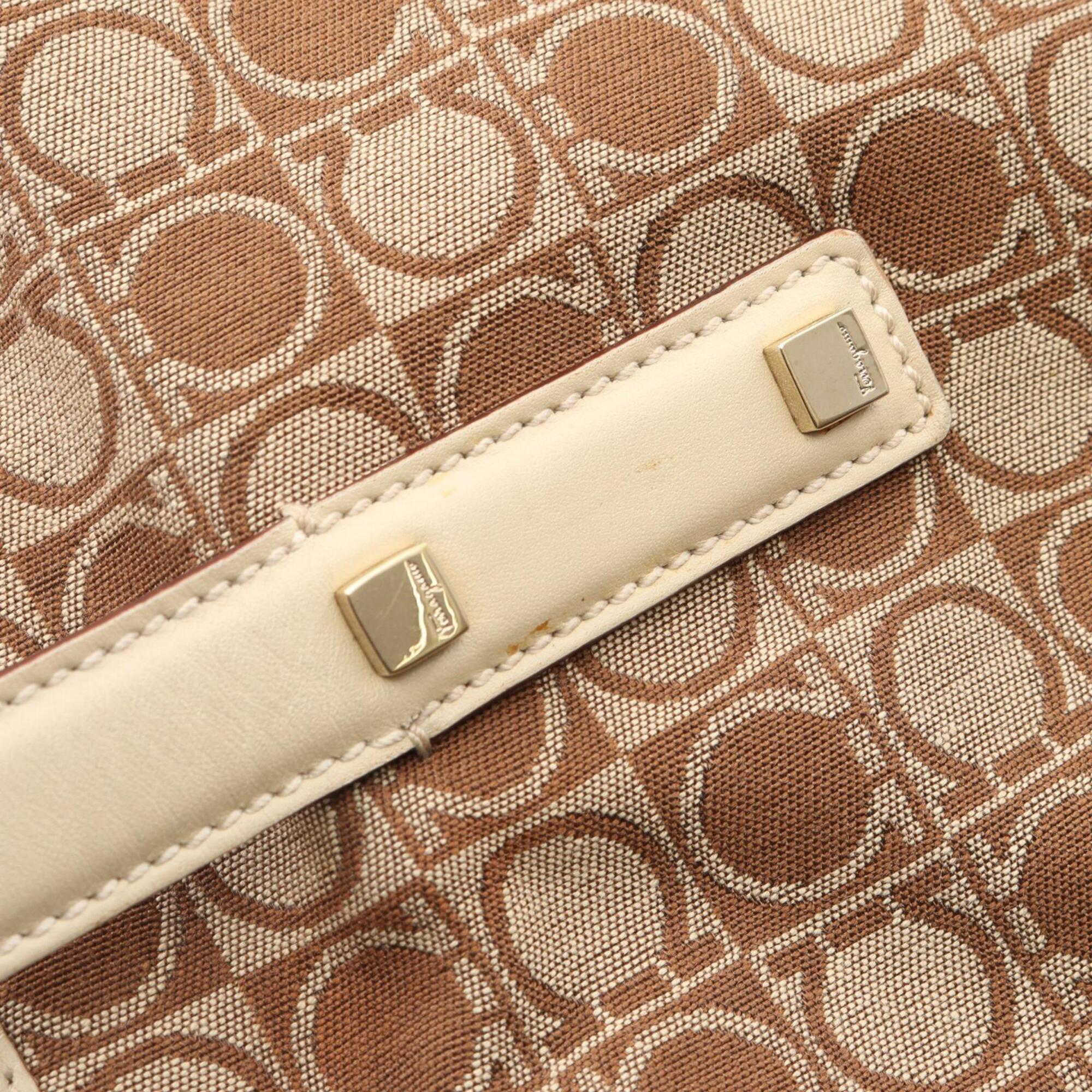 Salvatore Ferragamo Beige White Canvas Leather Handbag Tote Bag (Pre-Owned)