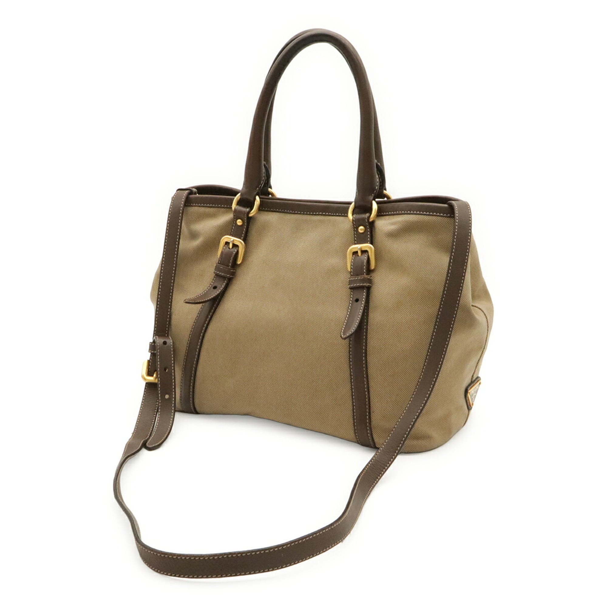 Prada Beige Brown Khaki Canvas Leather Handbag Shoulder Bag Tote Bag (Pre-Owned)