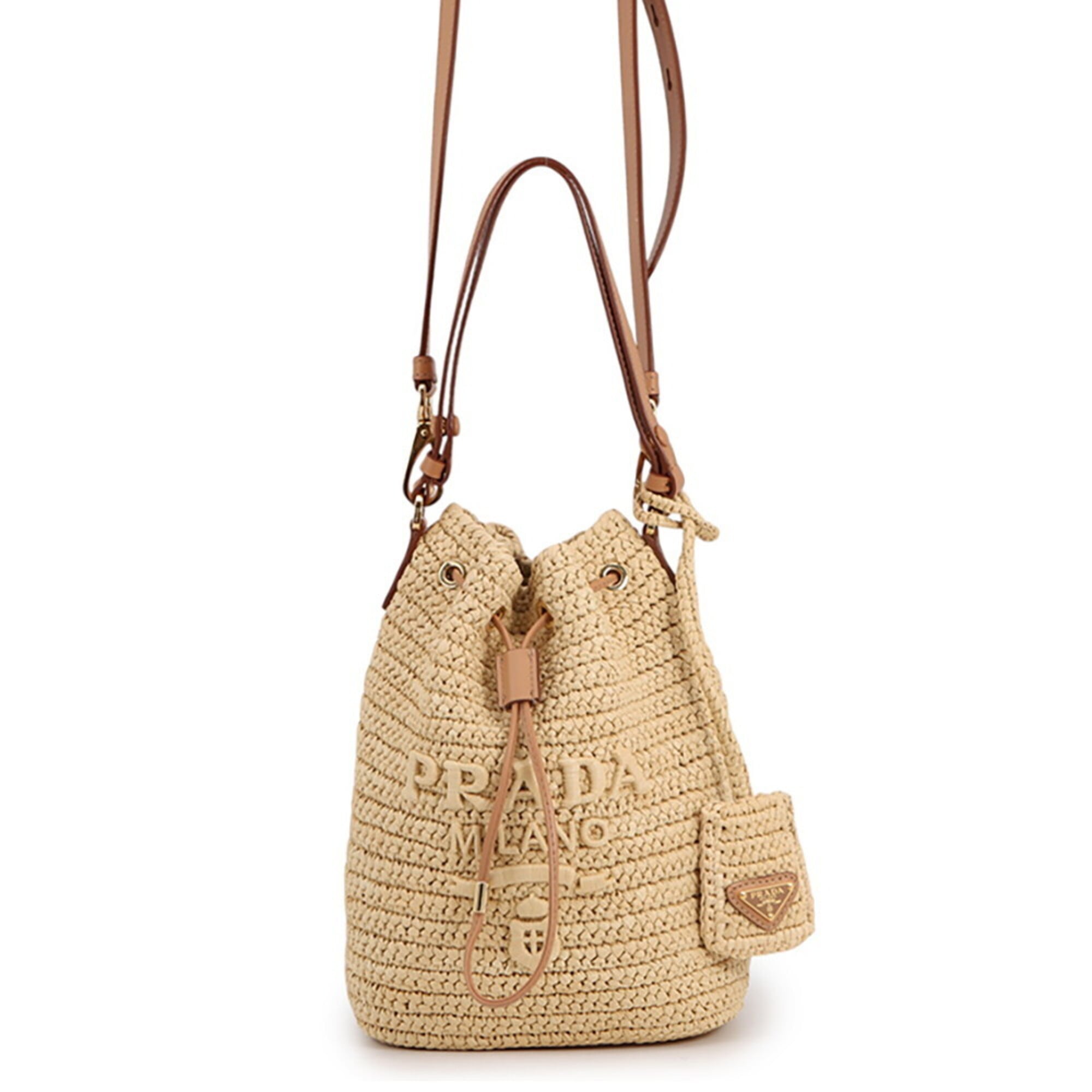 Prada Beige Light Brown Raffia Leather Handbag Shoulder Bag (Pre-Owned)