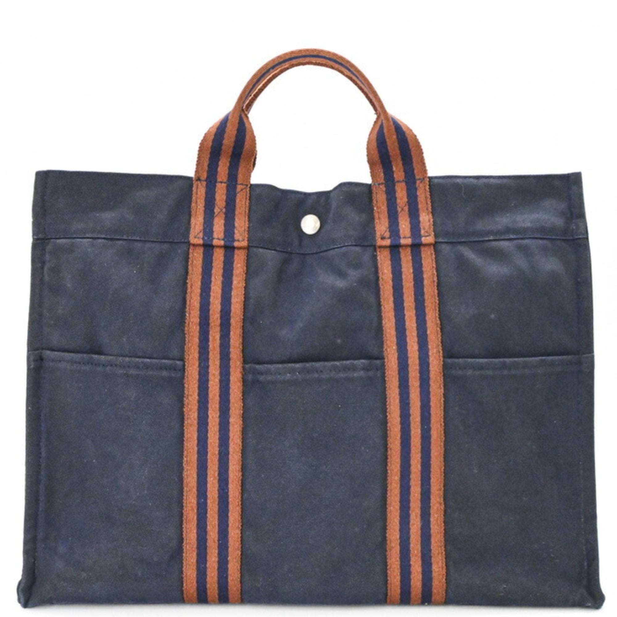 Hermes Brown Navy Canvas Handbag Tote Bag (Pre-Owned)