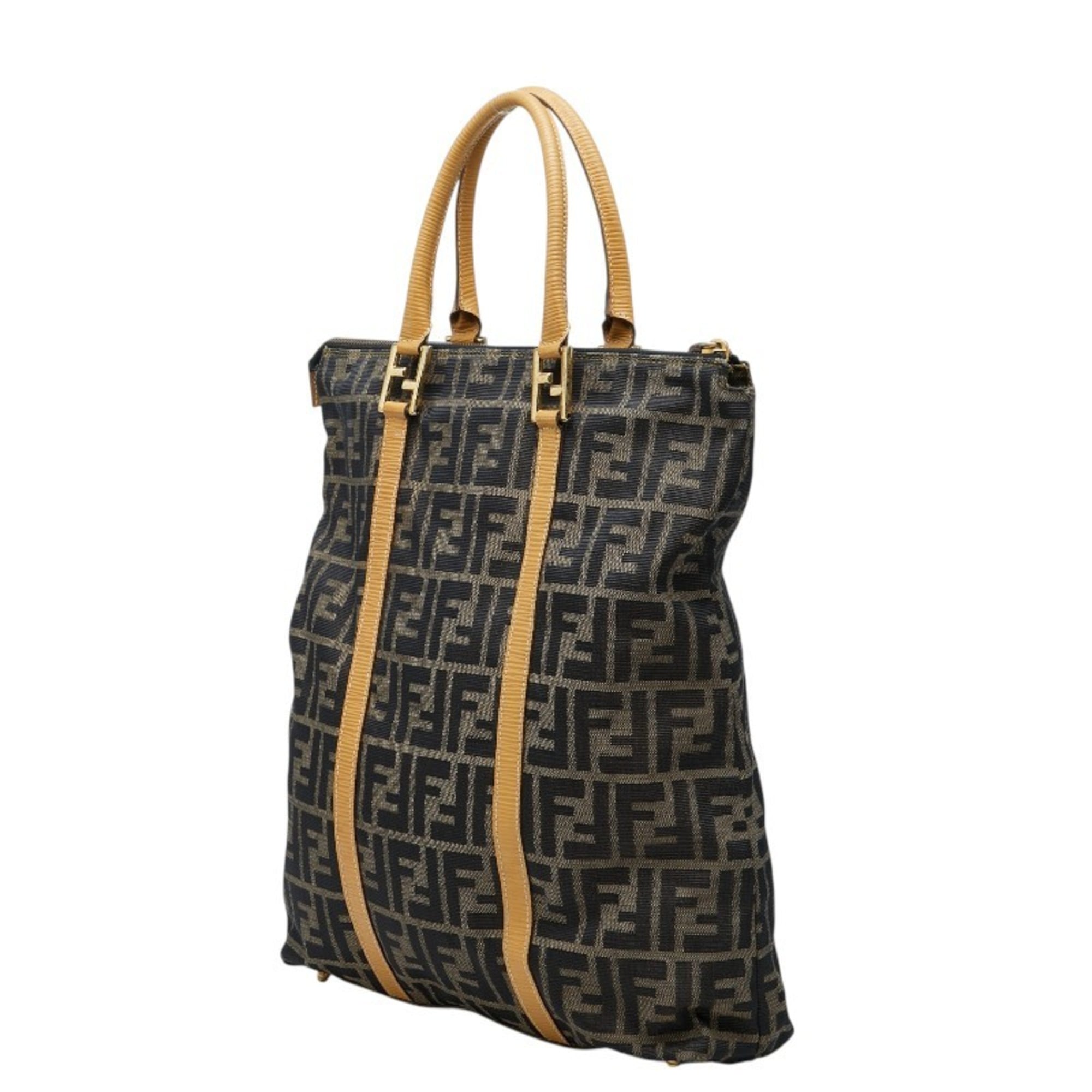 Fendi Beige Brown Canvas Leather Handbag Tote Bag (Pre-Owned)