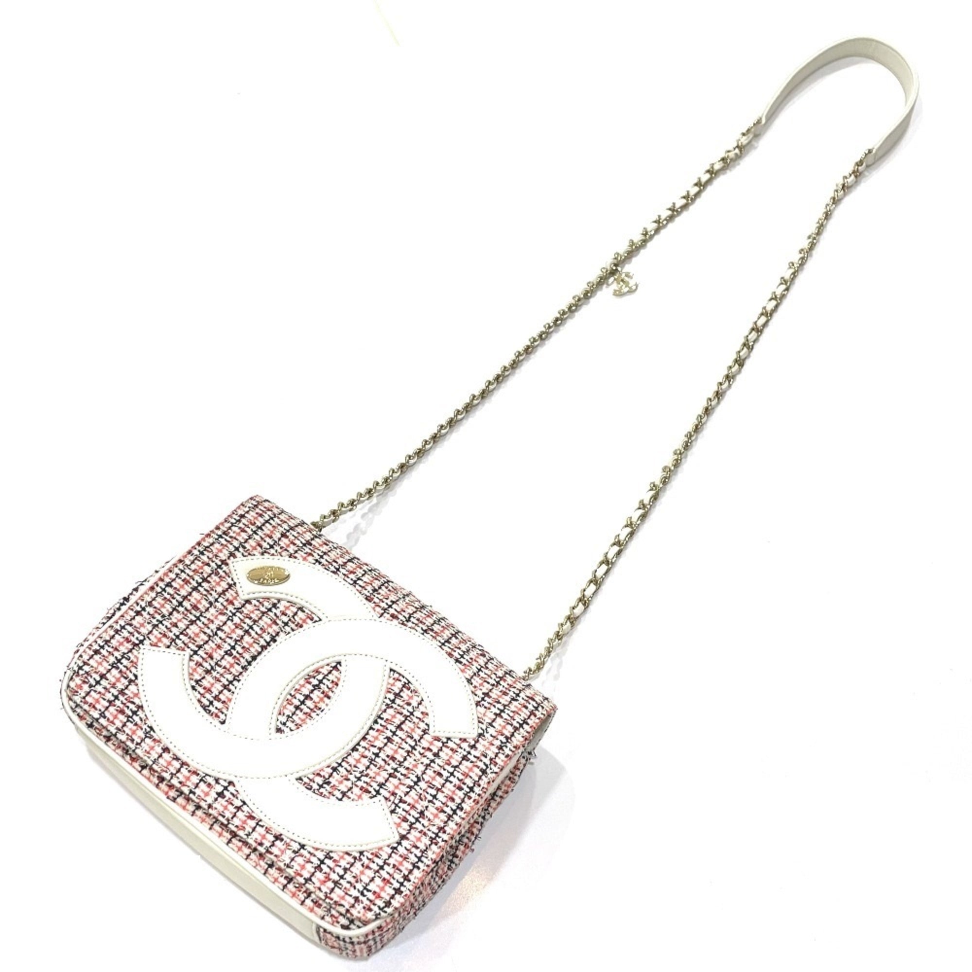 Chanel Red Color White Tweed Leather Pochette Shoulder Bag (Pre-Owned)